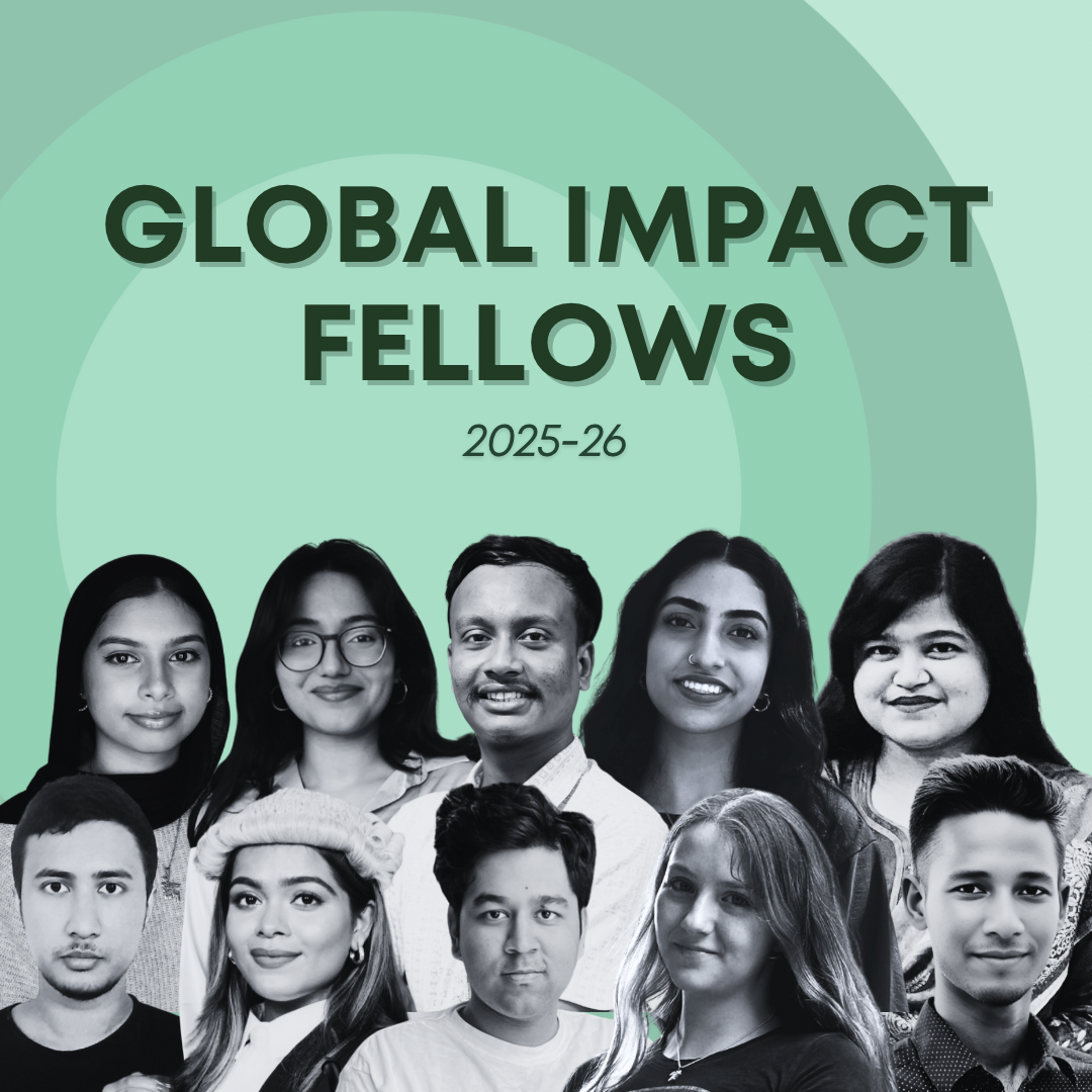 Promotional poster for the Global Impact Fellowship 2025-26 featuring three diverse young individuals, text details about the program, application deadline August 17, 2025, and a small UN Sustainability Goals logo in the bottom left corner.