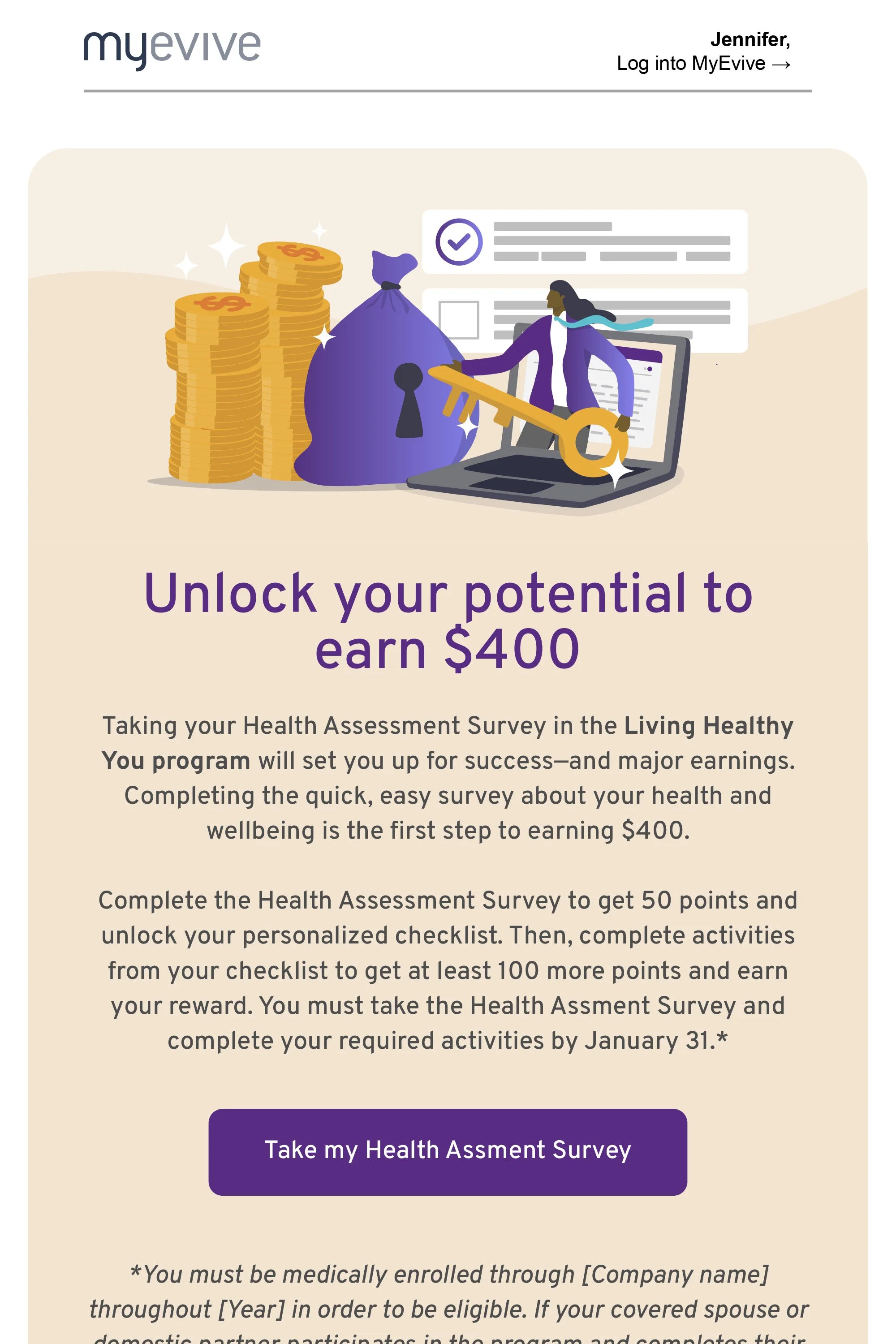 A promotional webpage encouraging users to take a health assessment survey to earn $400, featuring an illustration of a woman, a large key, a laptop, a bag of money, and a stack of coins.