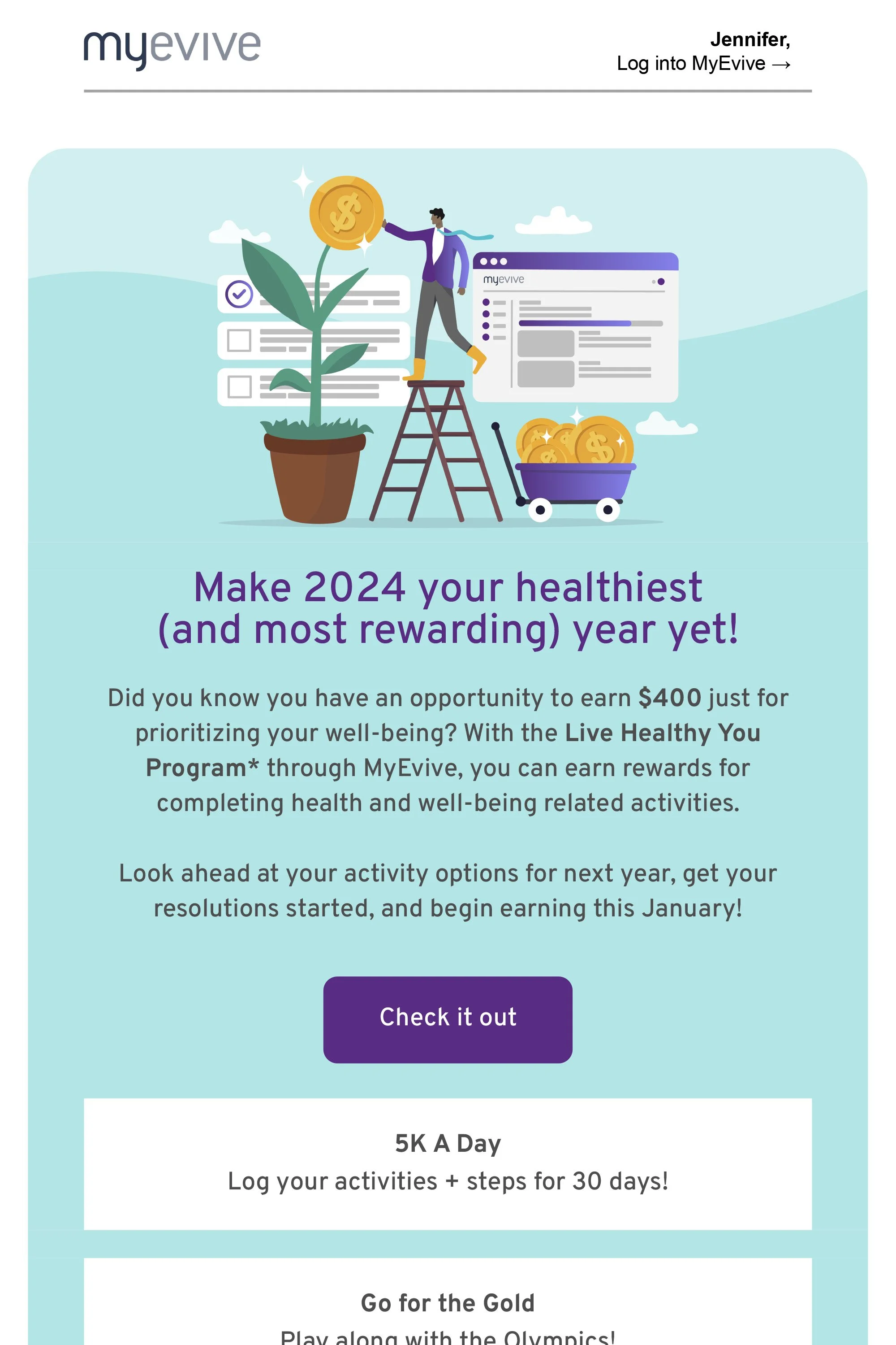 A digital health and wellness promotional email featuring an illustration of a person standing on a ladder, planting a large coin into a potted plant, with a shopping cart filled with coins nearby. The email encourages making 2024 the healthiest year and highlights earning rewards through the MyEvive program.