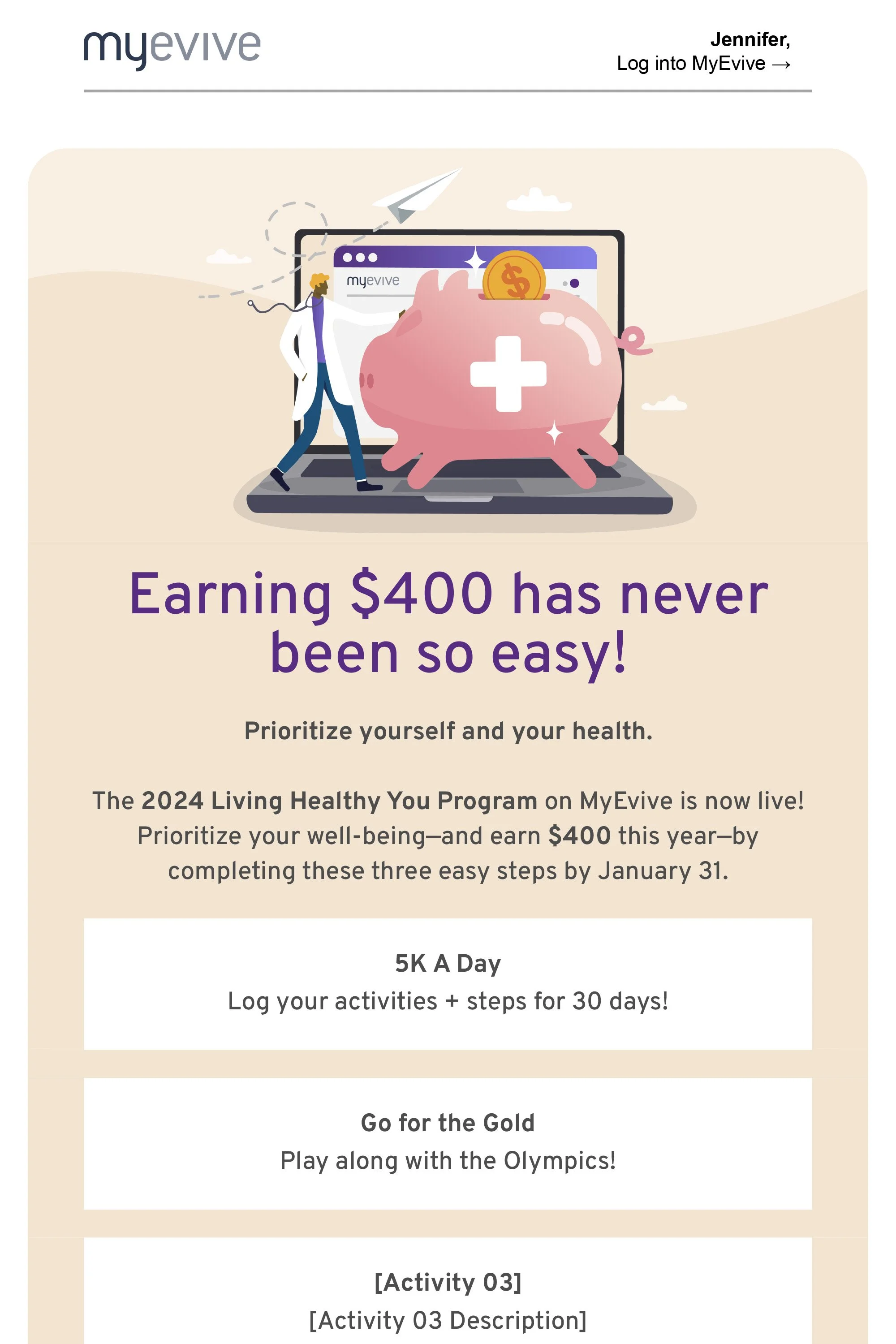 Promotional flyer for the 2024 Living Healthy You Program on MyEvive, showing a doctor standing next to a large piggy bank with a medical cross, a dollar coin, and a laptop in the background. The flyer encourages earning $400 through health activities by January 31, with steps including logging daily activity and playing Olympic-style games.