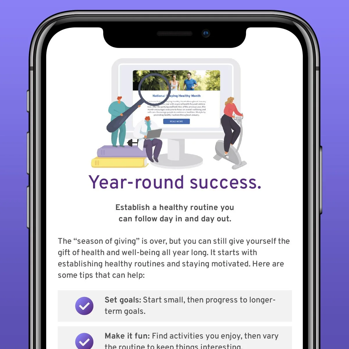 Mobile phone displaying a wellness website with an illustration of people exercising and a headline about establishing healthy routines for year-round success.