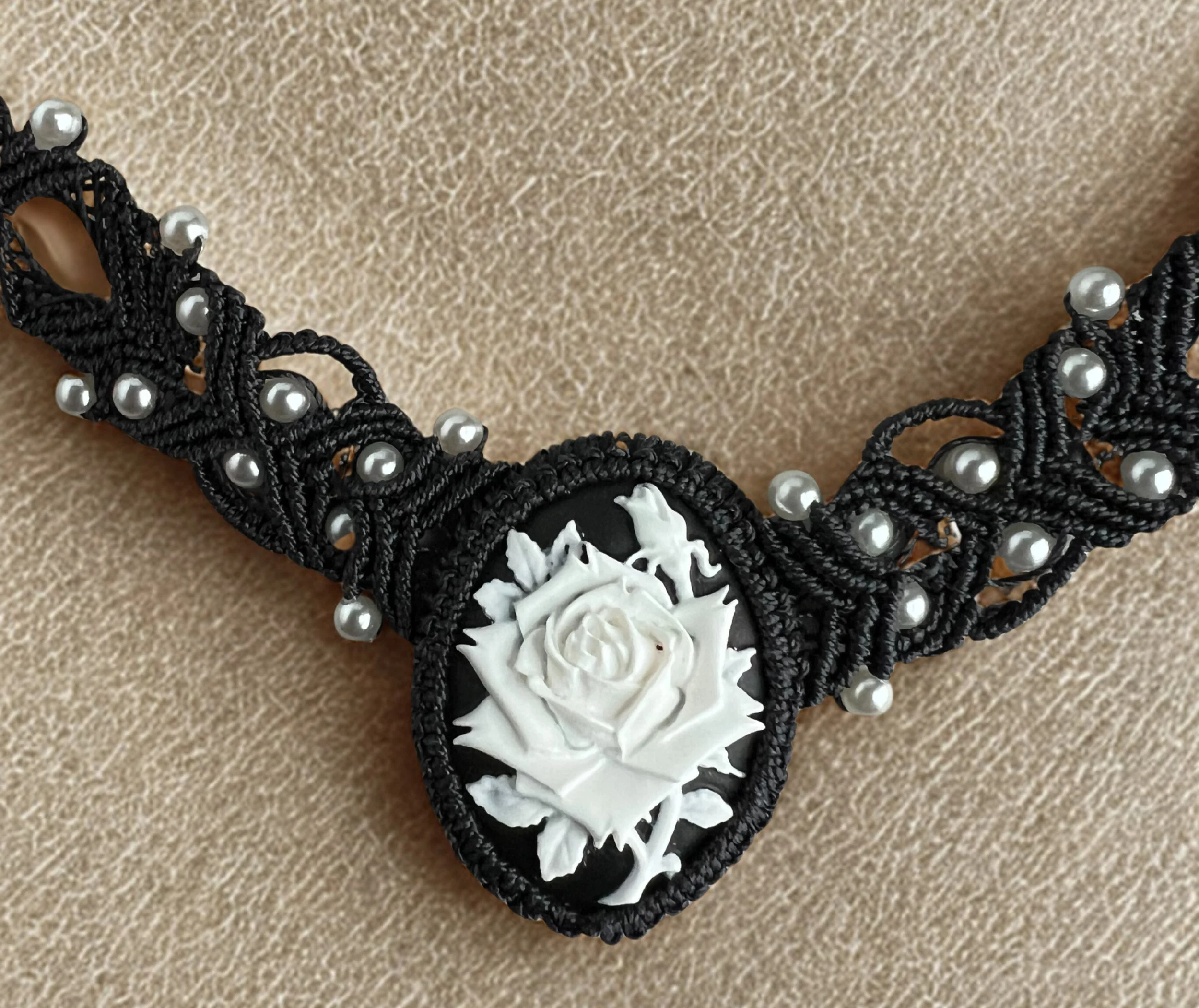 Center Carved Rose Micro Macrame Neckpiece.jpg