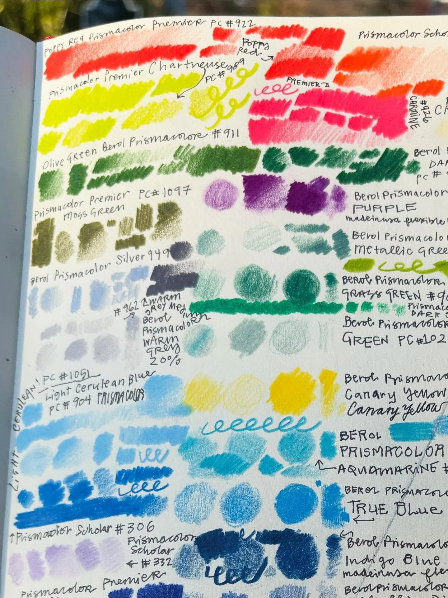 having fun swatching with my prismacolors i&rsquo;ve had forever and some new ones too ♡ 
favorites right now&hellip; apple green, blush, chartreuse, hot pink, poppy red, carmine, light cerulean blue, permanent green&hellip; #sketchbook