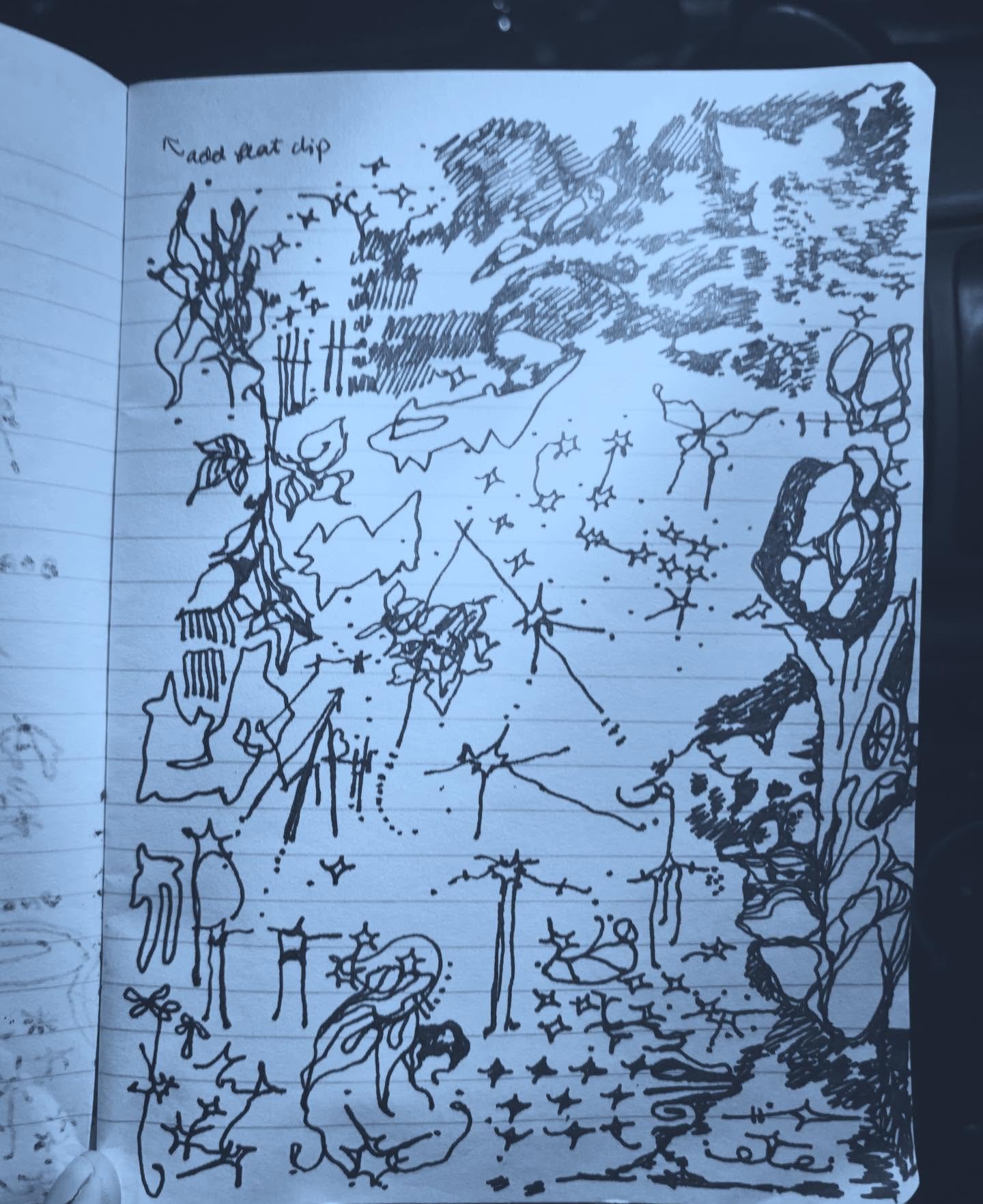 weather storm of changes feeling good
spring air returning
remembering all versions of self
past and now and always
friendship bridge
under half-moon-light
waning
new
again
+
sketchbook excerpt slide 1 is post long-shift regulating myself with shapes