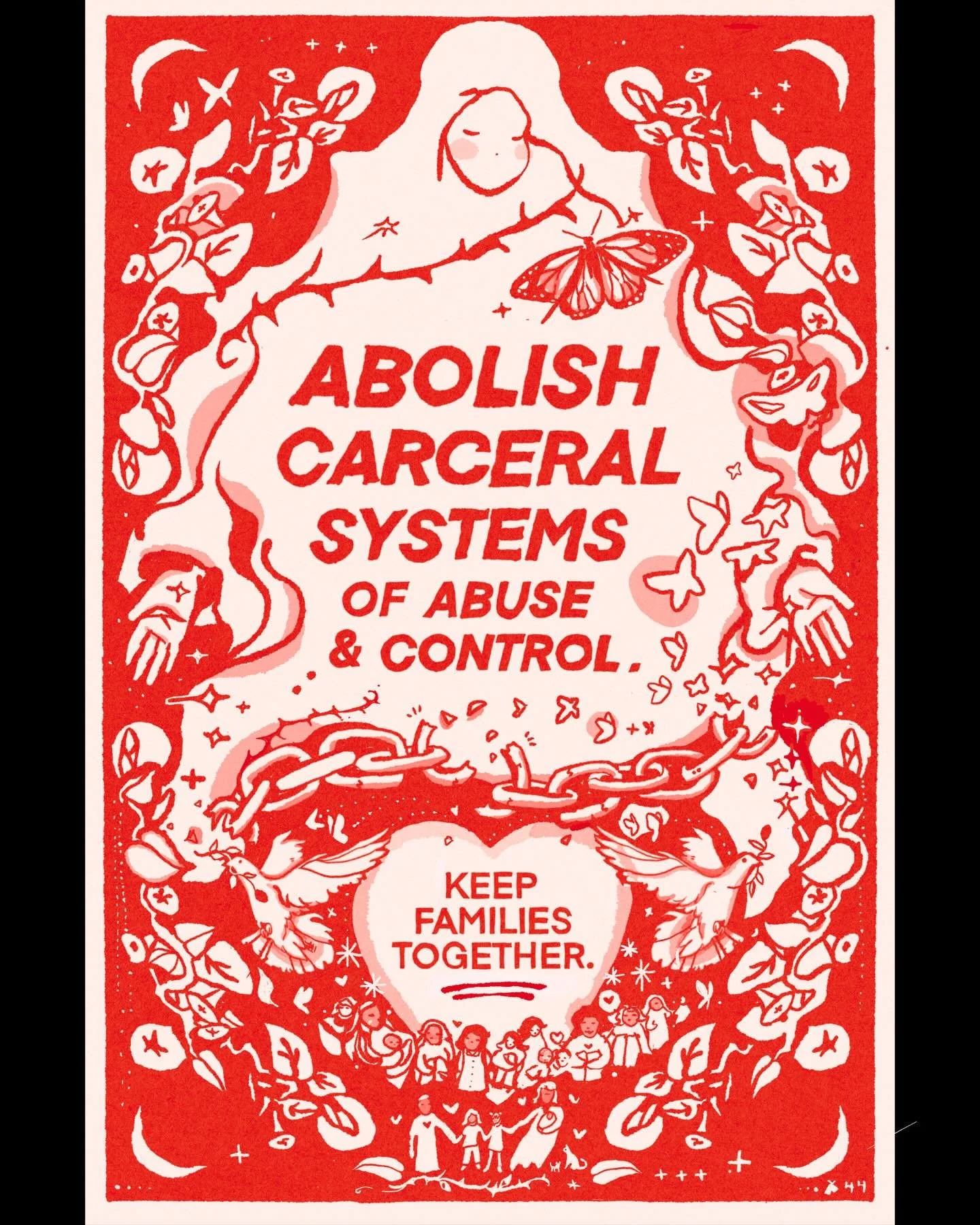 our liberation is linked. 
🕊️🤍🪞🦋⛓️⛓️&zwj;💥
only together
may we
build
dream
study
sing
listen
water
tend to 
our heart-work
we burn down
old systems
replenish the soils
&amp; make new.
.
.
.
text reads:
ABOLISH CARCERAL SYSTEMS OF ABUSE &amp; CO