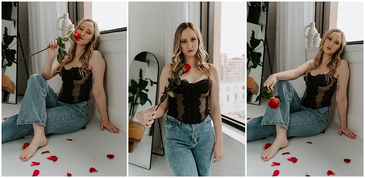 Girl wearing black bodice and jeans at moody boudoir photo session at The Photo Loft Dallas