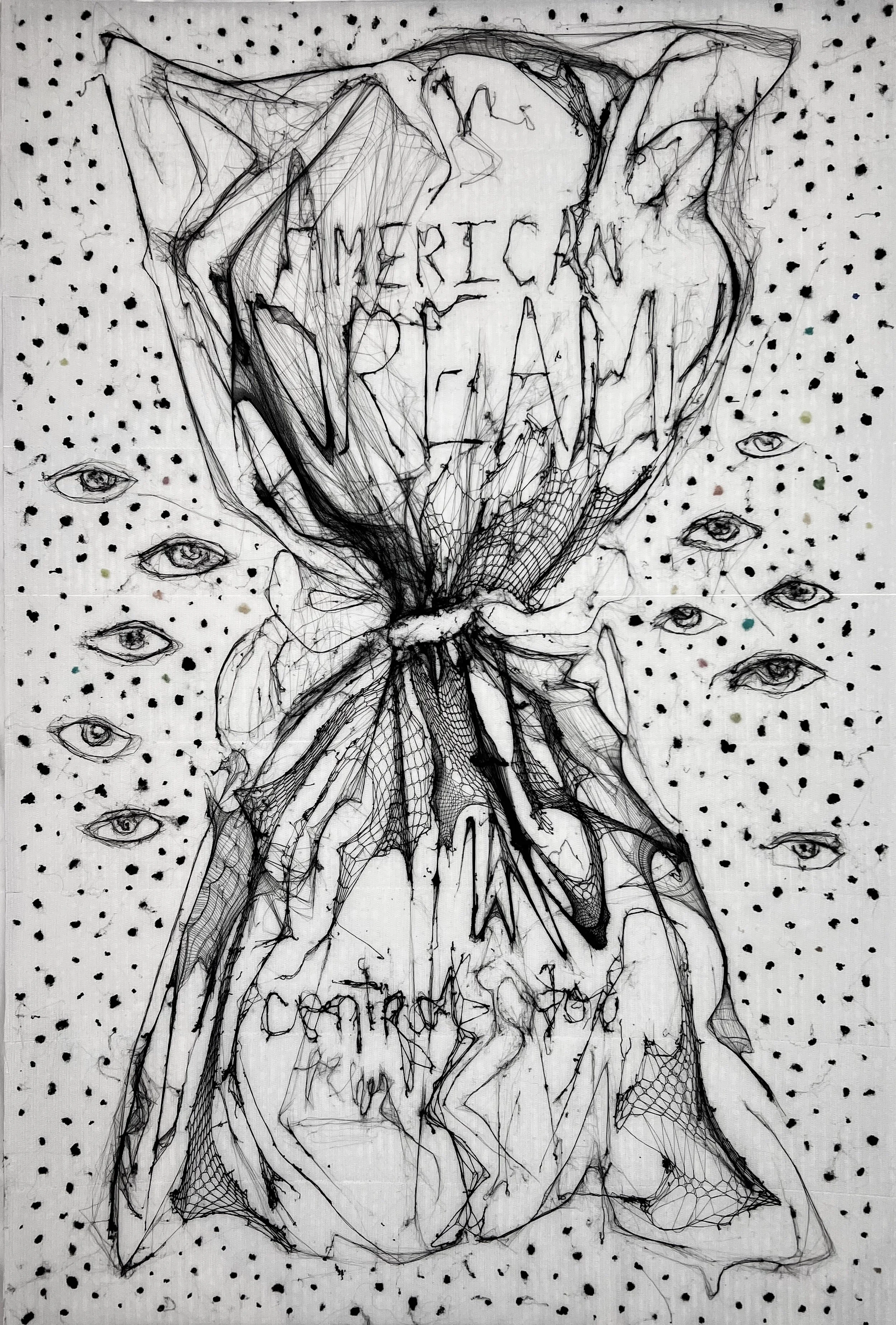 A black and white abstract drawing featuring a large butterfly at the center, surrounded by numerous small eye illustrations and dotted patterns, with text that reads 'American Dream' and 'Controculture' integrated into the design.