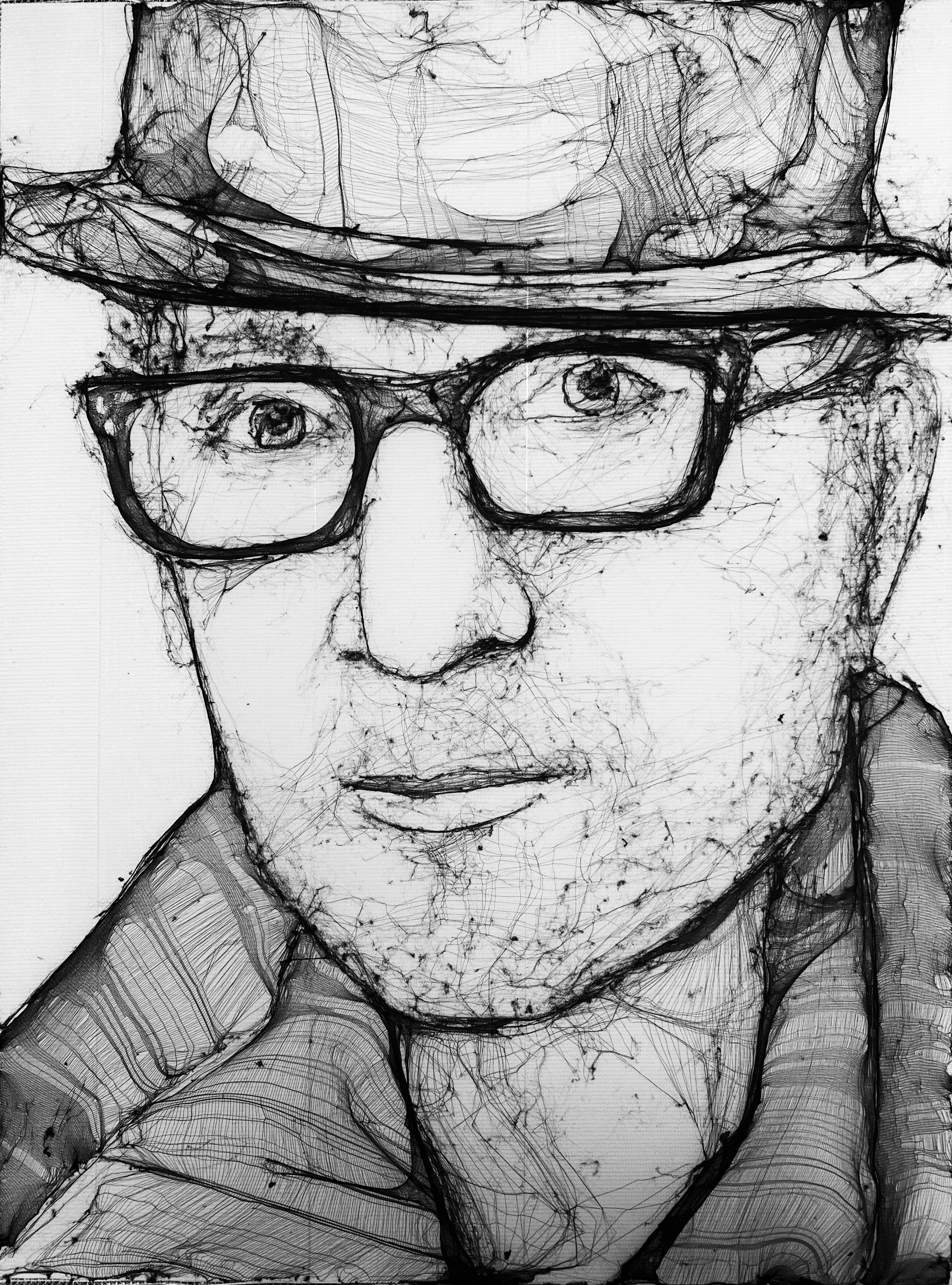 Black and white sketch of a person wearing glasses and a hat, with their hand resting on their neck.