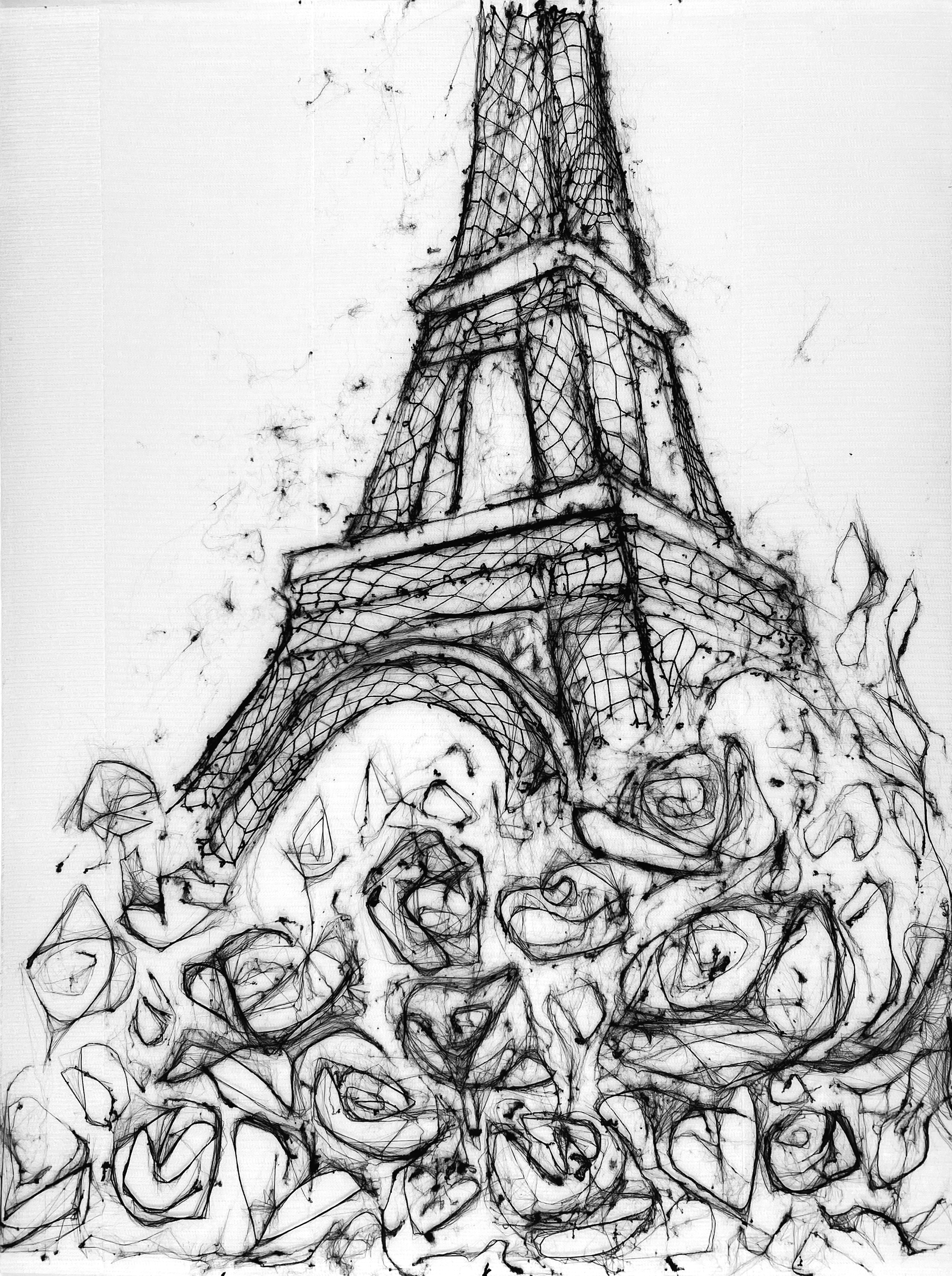 A sketch of the Eiffel Tower with a cracked, abstract base.