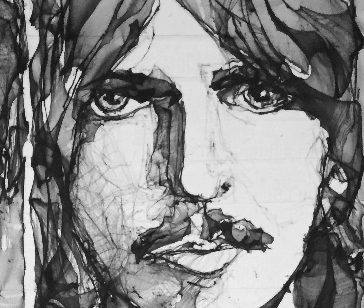 Black and white sketch of a woman's face, focusing on her eyes, nose, and lips, with detailed shading and loose line work.