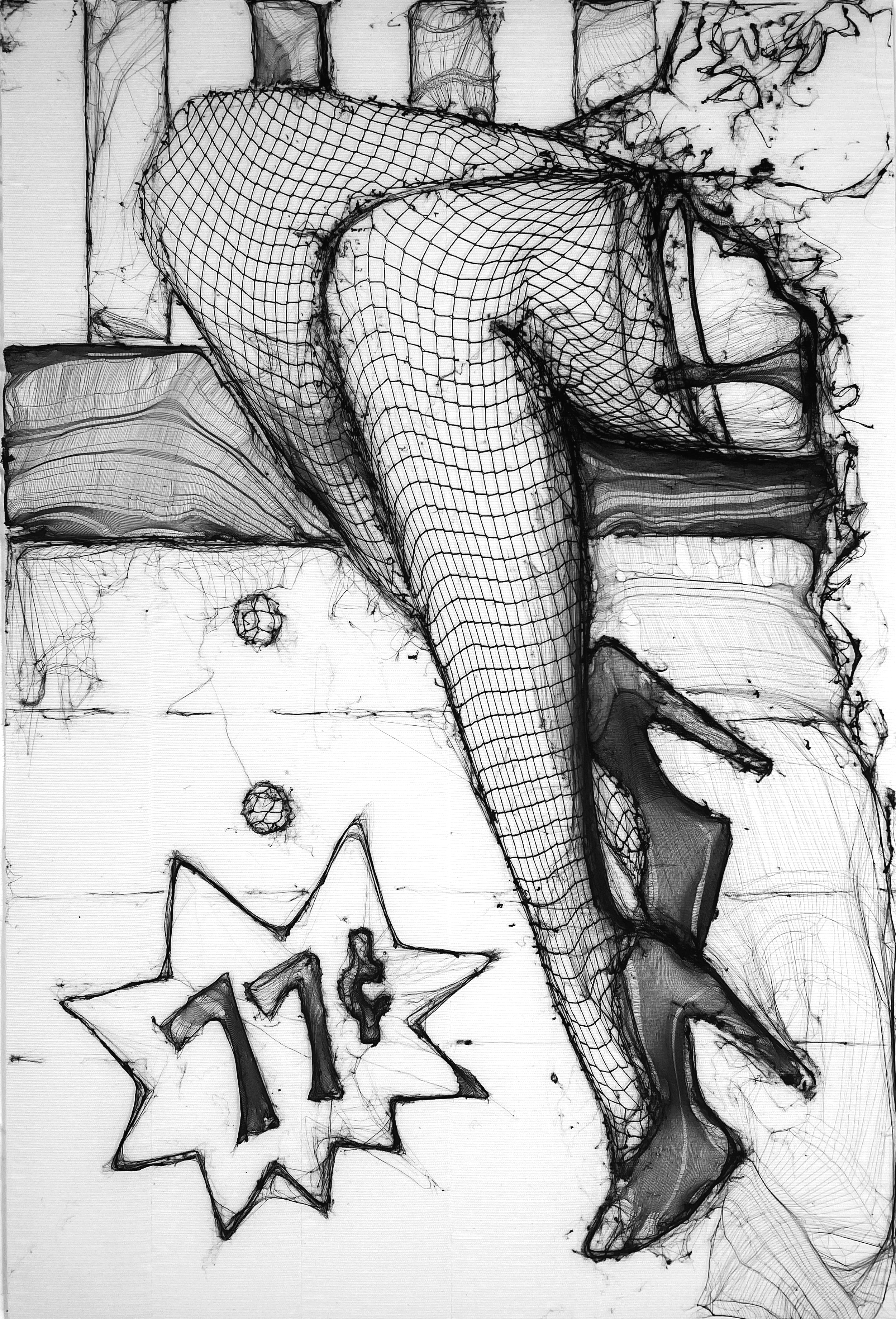 Black and white sketch of a woman sitting on a bed, wearing fishnet stockings and high heels, with a star-shaped sign displaying '17' next to her.