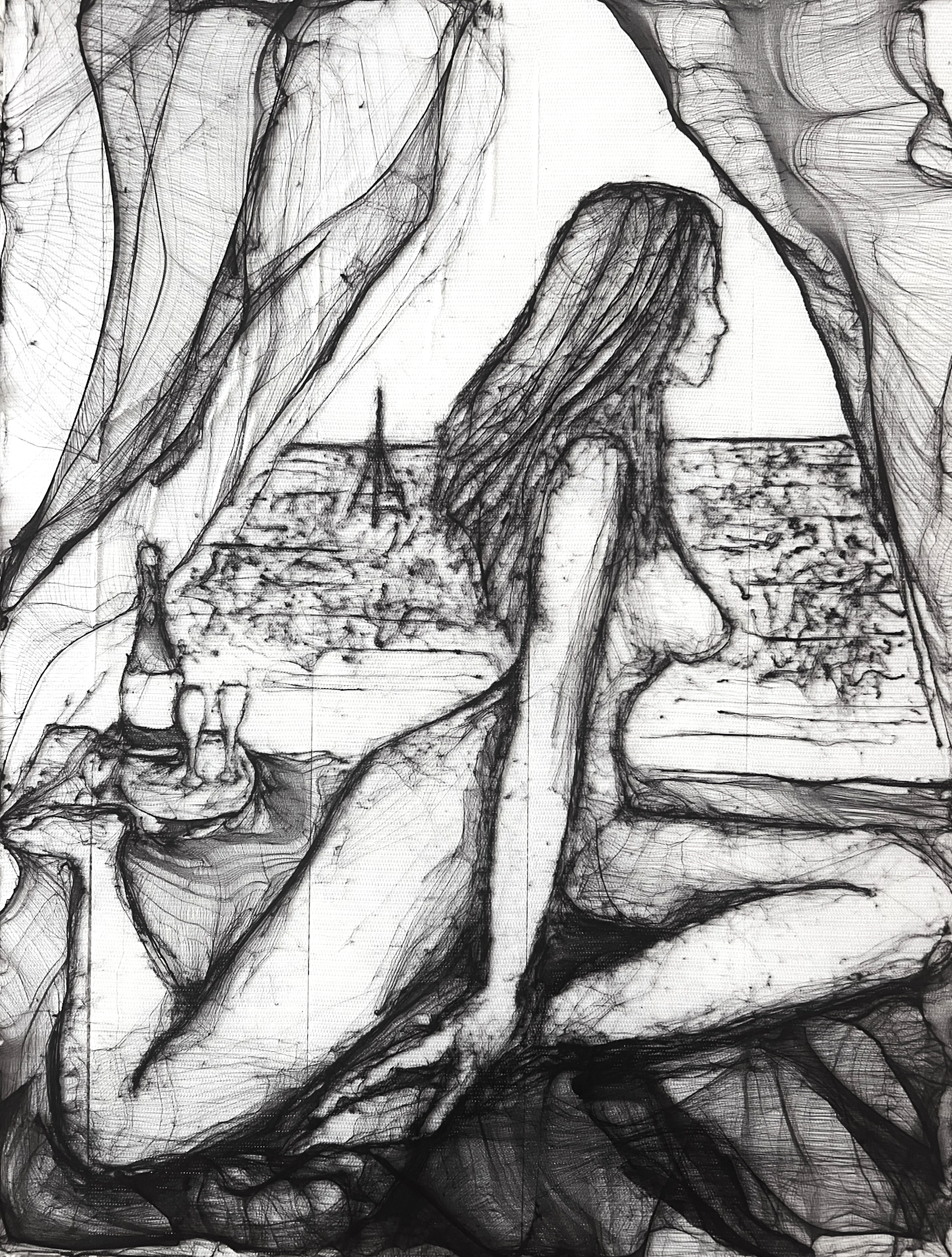 Sketch of a woman sitting by a window holding a glass, with a cityscape and the Eiffel Tower visible outside.