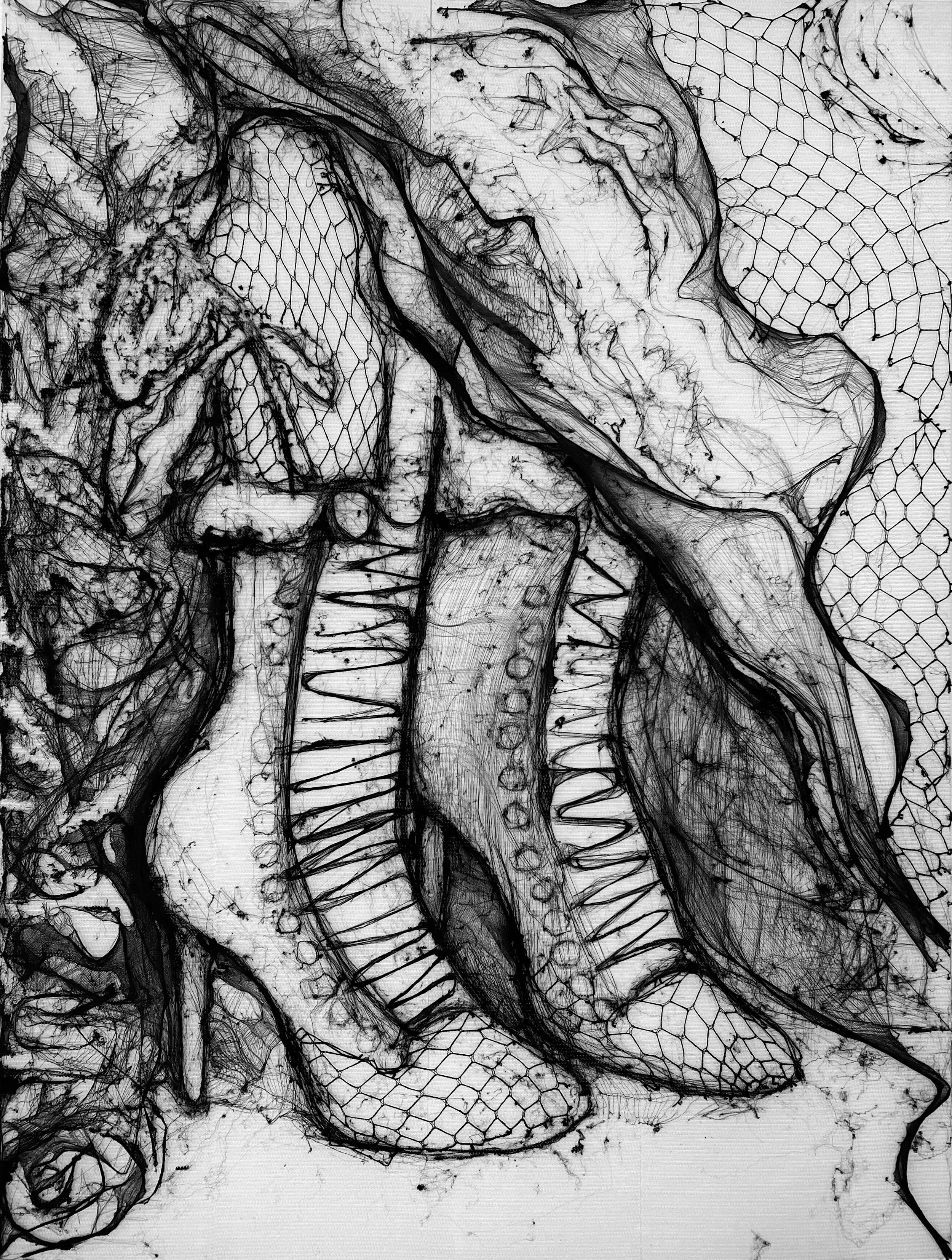Black and white sketch of two vintage cowboy boots with detailed patterns and textures, surrounded by desert foliage.