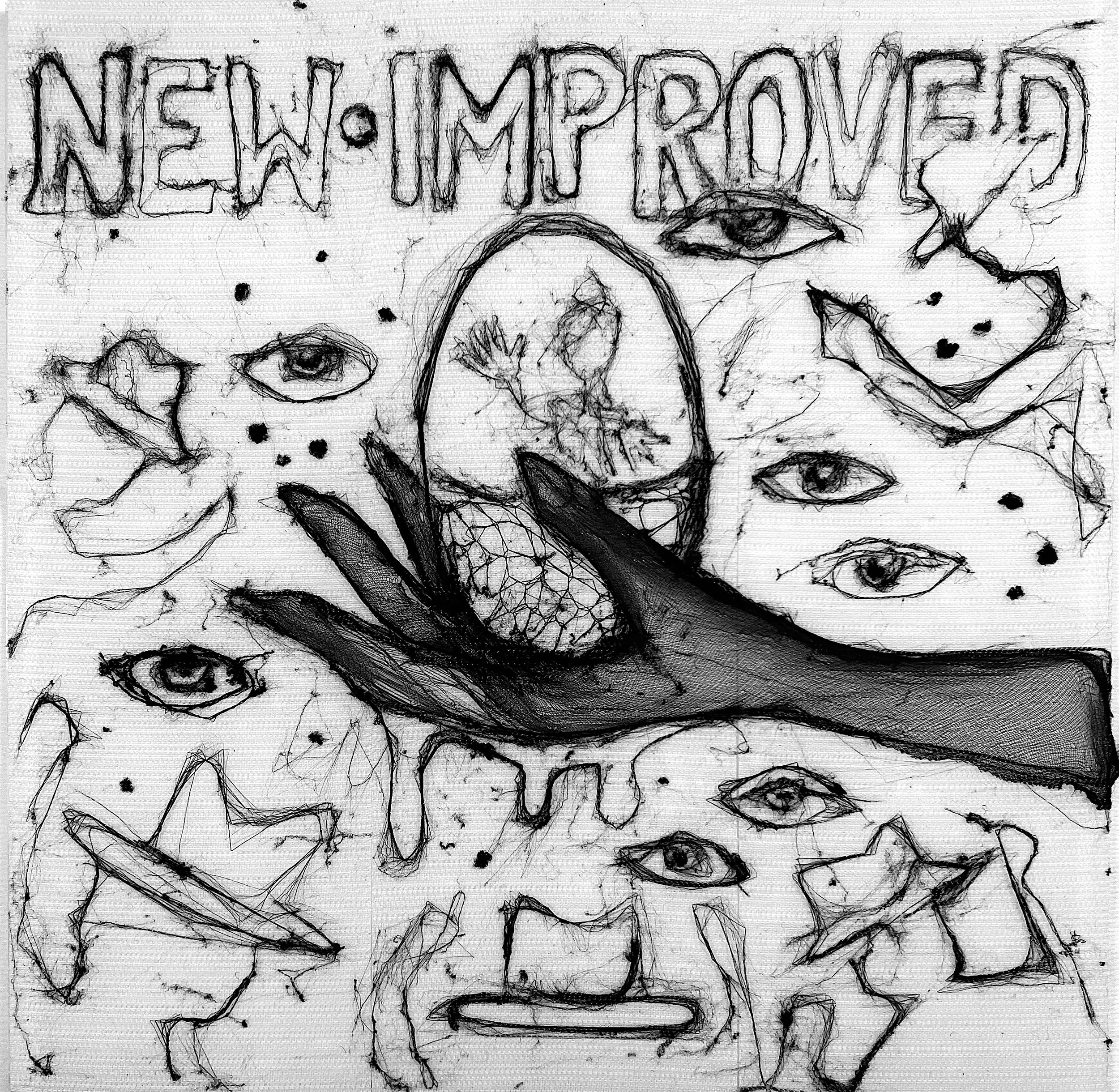 A sketch with the phrase 'New: I Imported' at the top, featuring multiple eyes, faces, hands, fractured shapes, and a hand holding an egg with a small figure inside, in a surreal and abstract style.