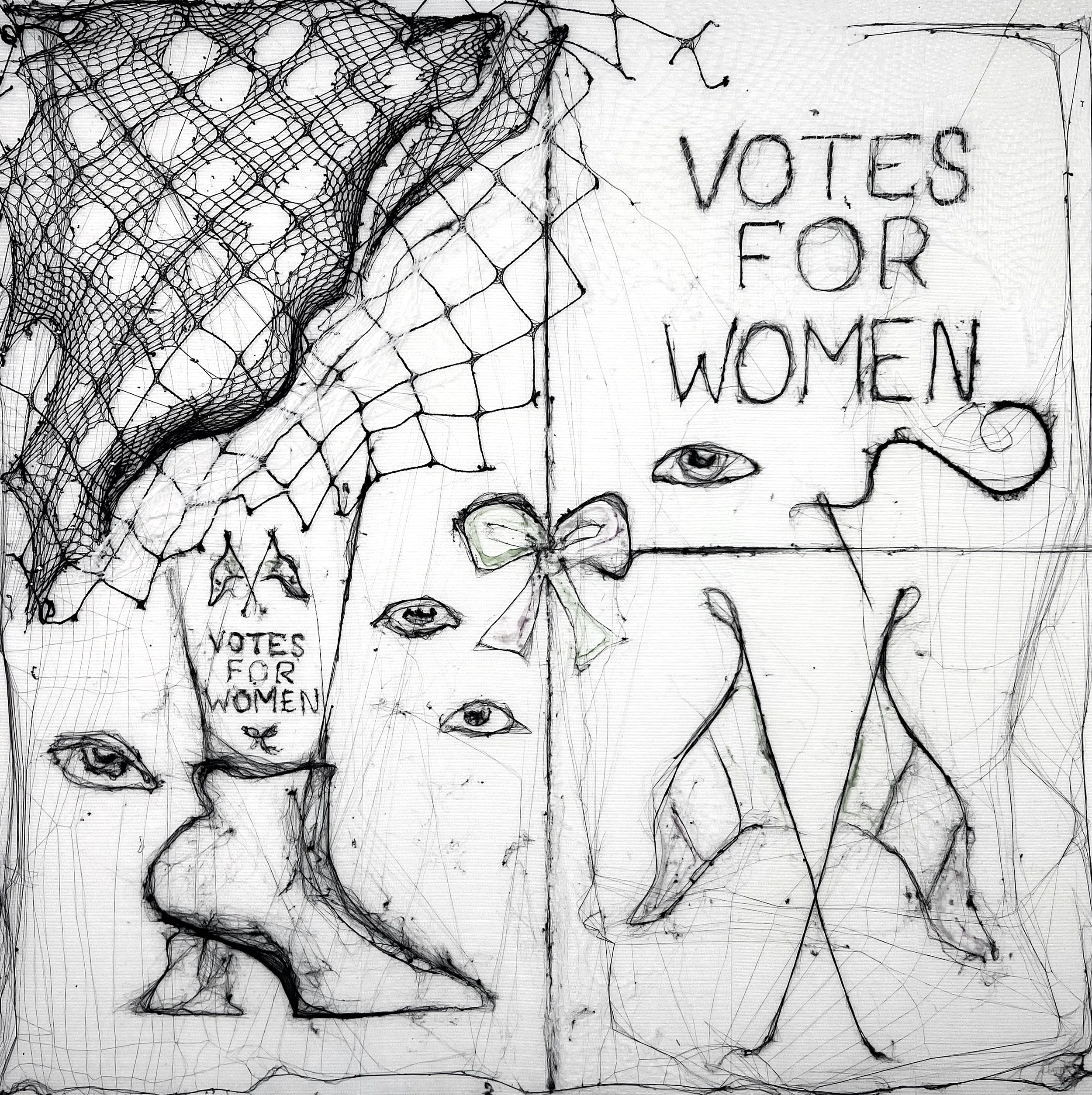 Artistic drawing with the message "Votes for Women" on multiple banners, with eyes, a bow, fishnet pattern, and figures of women, created with black ink and colored accents.