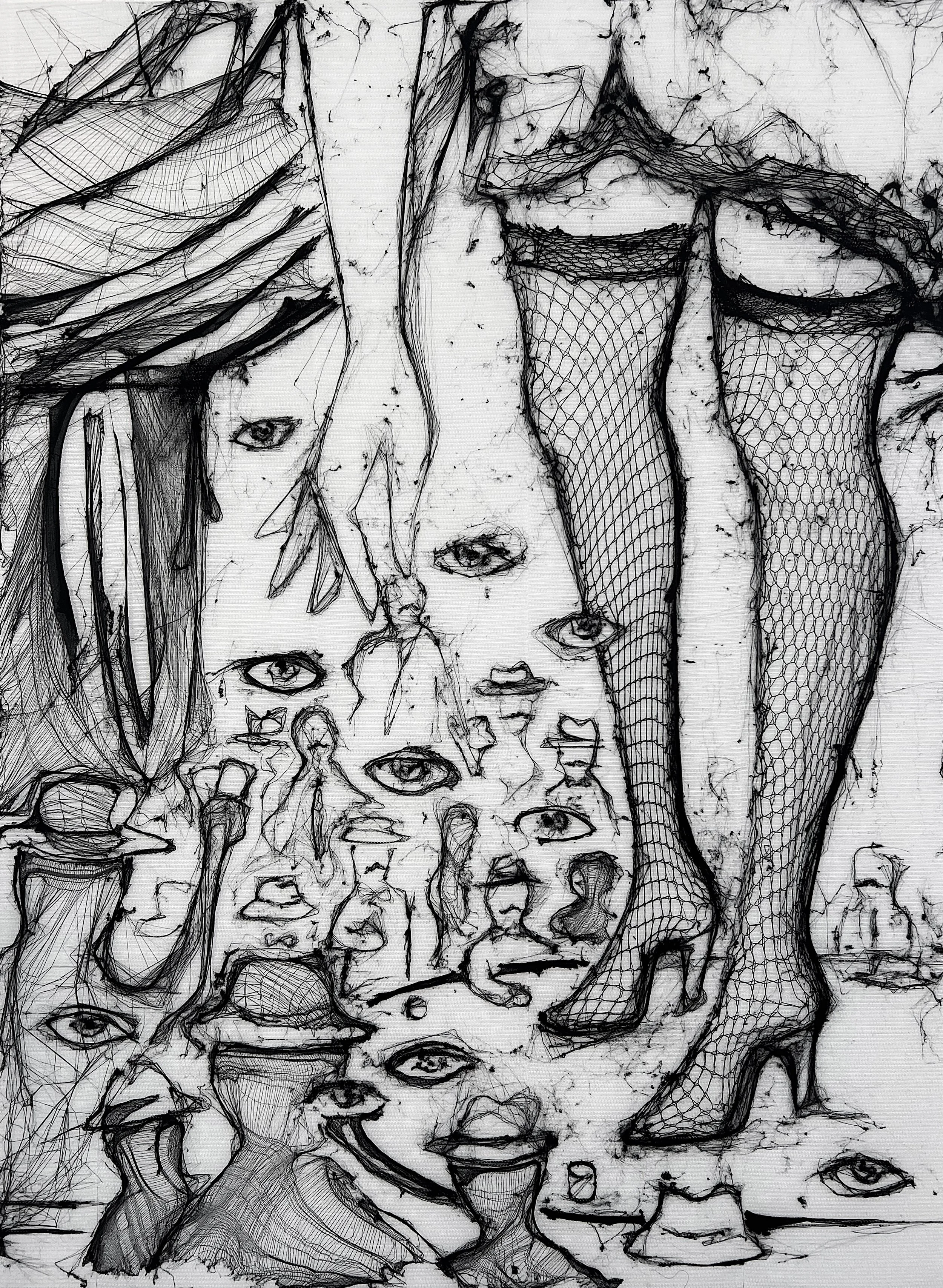 A surreal black-and-white drawing with multiple human faces, eyes, and figures. Central focus on a pair of legs in fishnet stockings, with surrounding faces and body parts scattered throughout the composition.