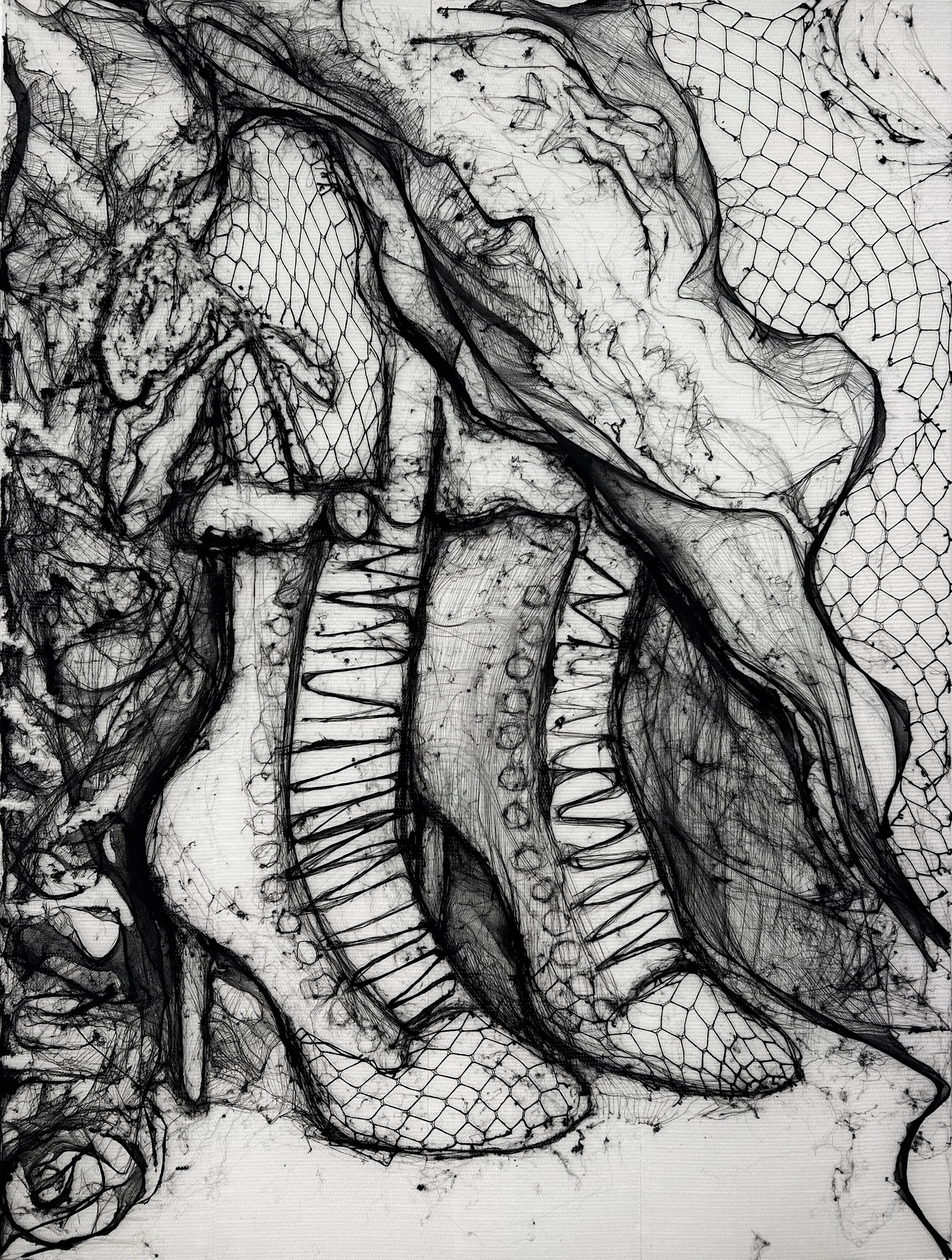 Black and white sketch of a pair of cowboy boots with intricate stitching, surrounded by plants and a netted fabric in the background.
