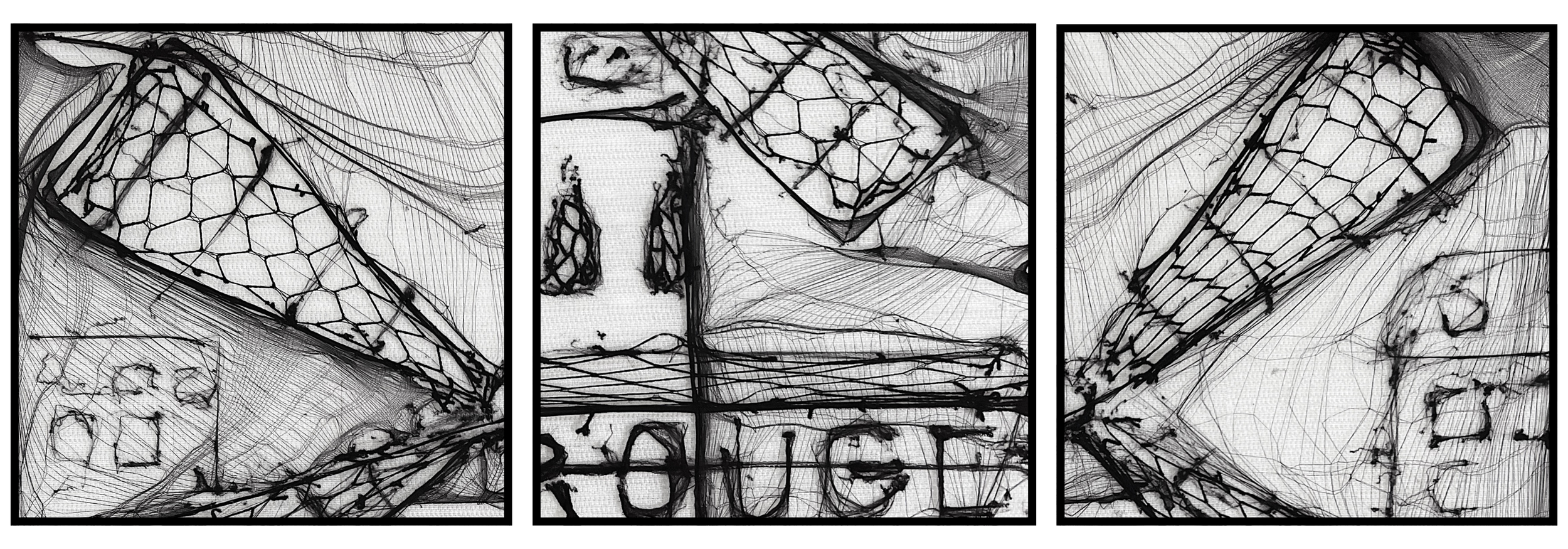 An abstract black and white digital line art triptych of coffee capsules, honeycomb shapes, geometric patterns, and the word 'coffee' at the bottom center.