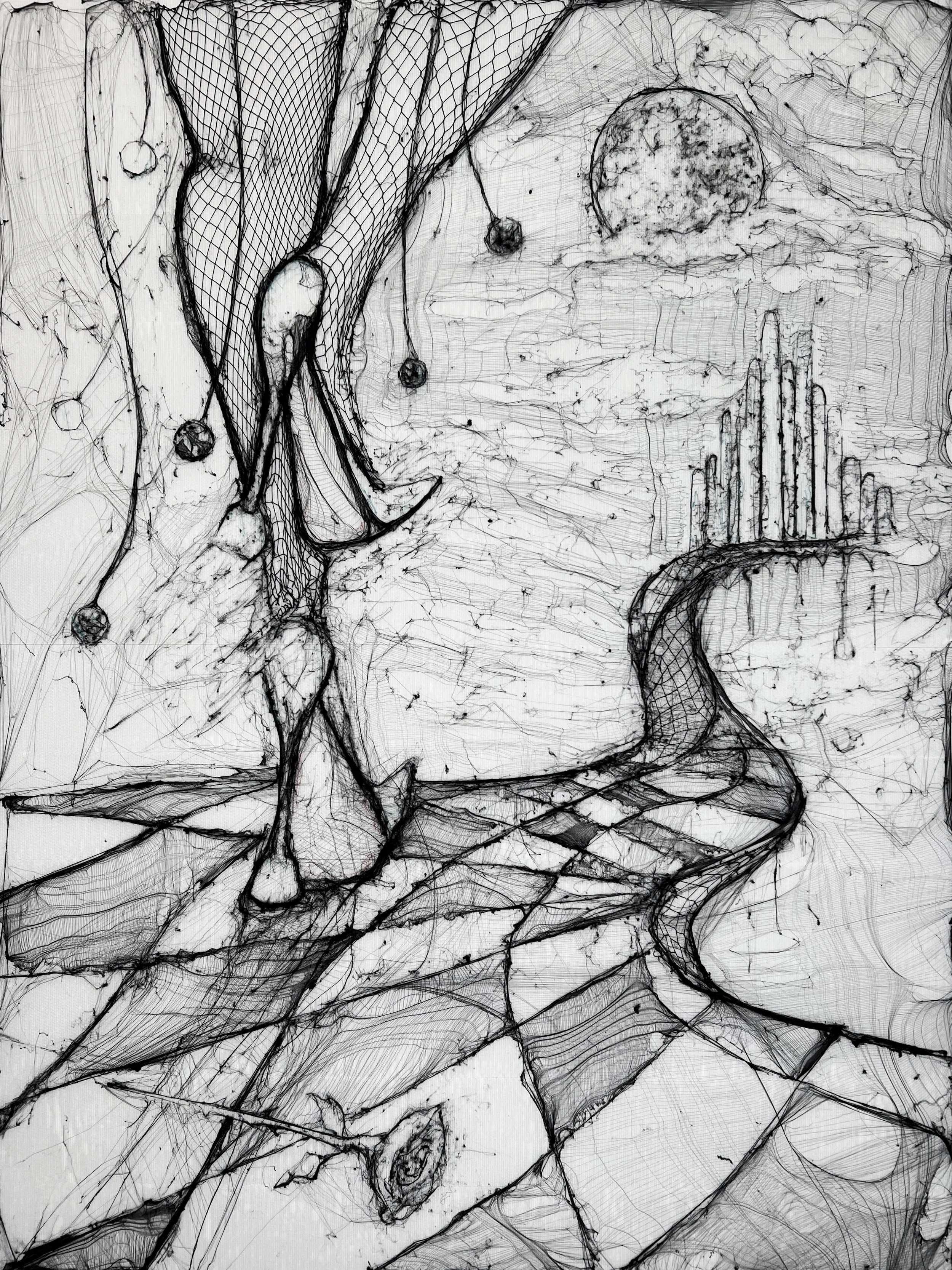 A black and white sketch of a surreal landscape featuring a winding path, a large moon, a distant city skyline, and abstract trees with hanging orbs.