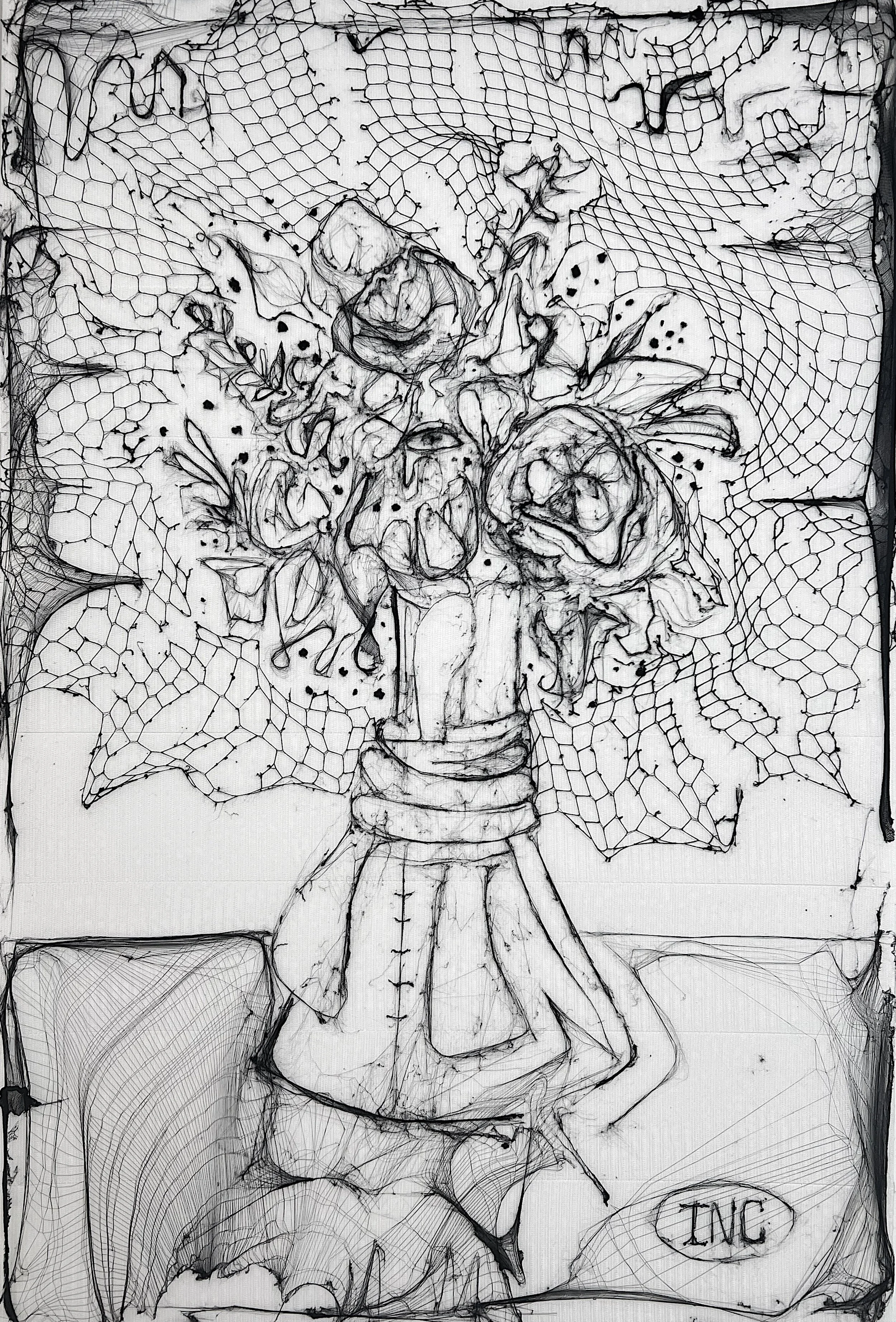 A line drawing of a bouquet of flowers in a vase, with a spiderweb pattern behind them, in a rectangular frame.