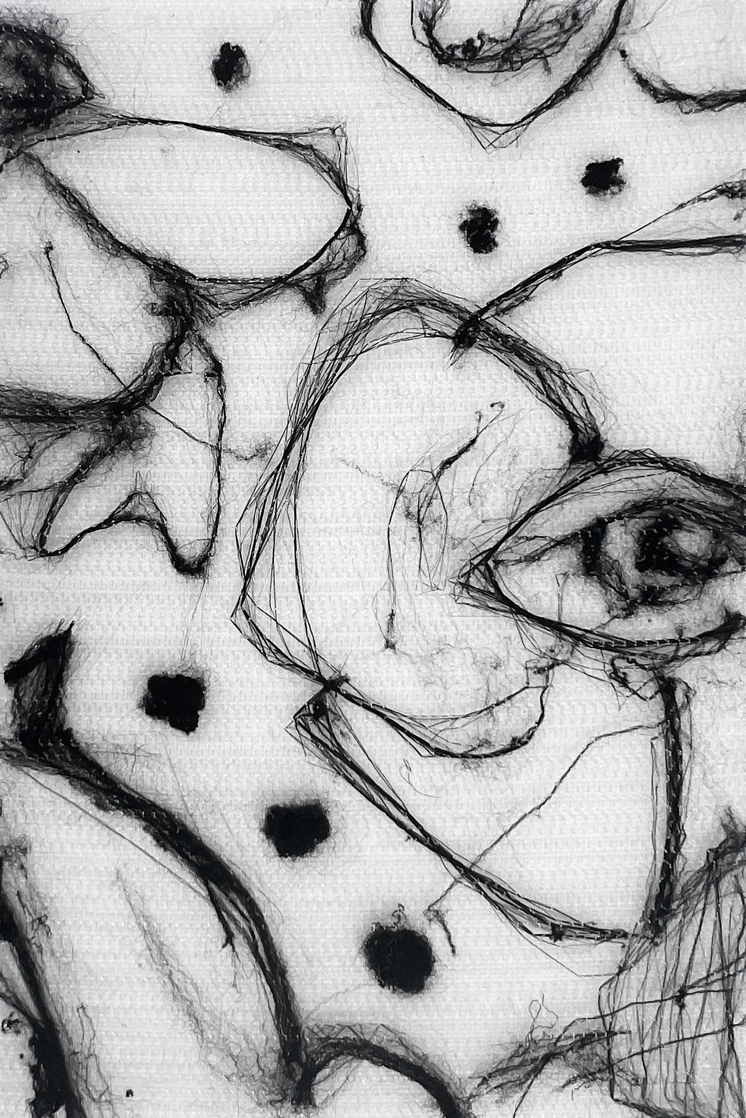 Abstract black and white sketch of a woman's face with large eyes and lips, accompanied by abstract shapes and dotted patterns.