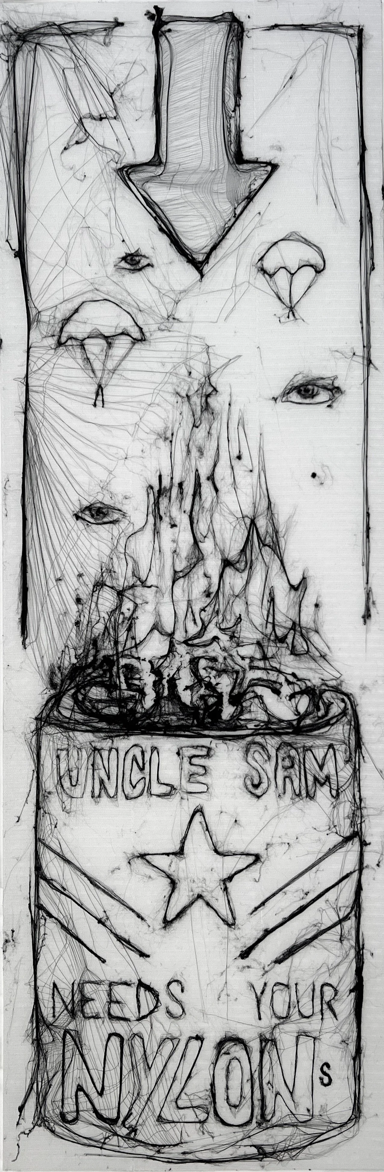 Sketch of a can with the label "Uncle Sam Needs Your Union," featuring a star, lines resembling rays or rays, and multiple eyes and faces emerging from the design.