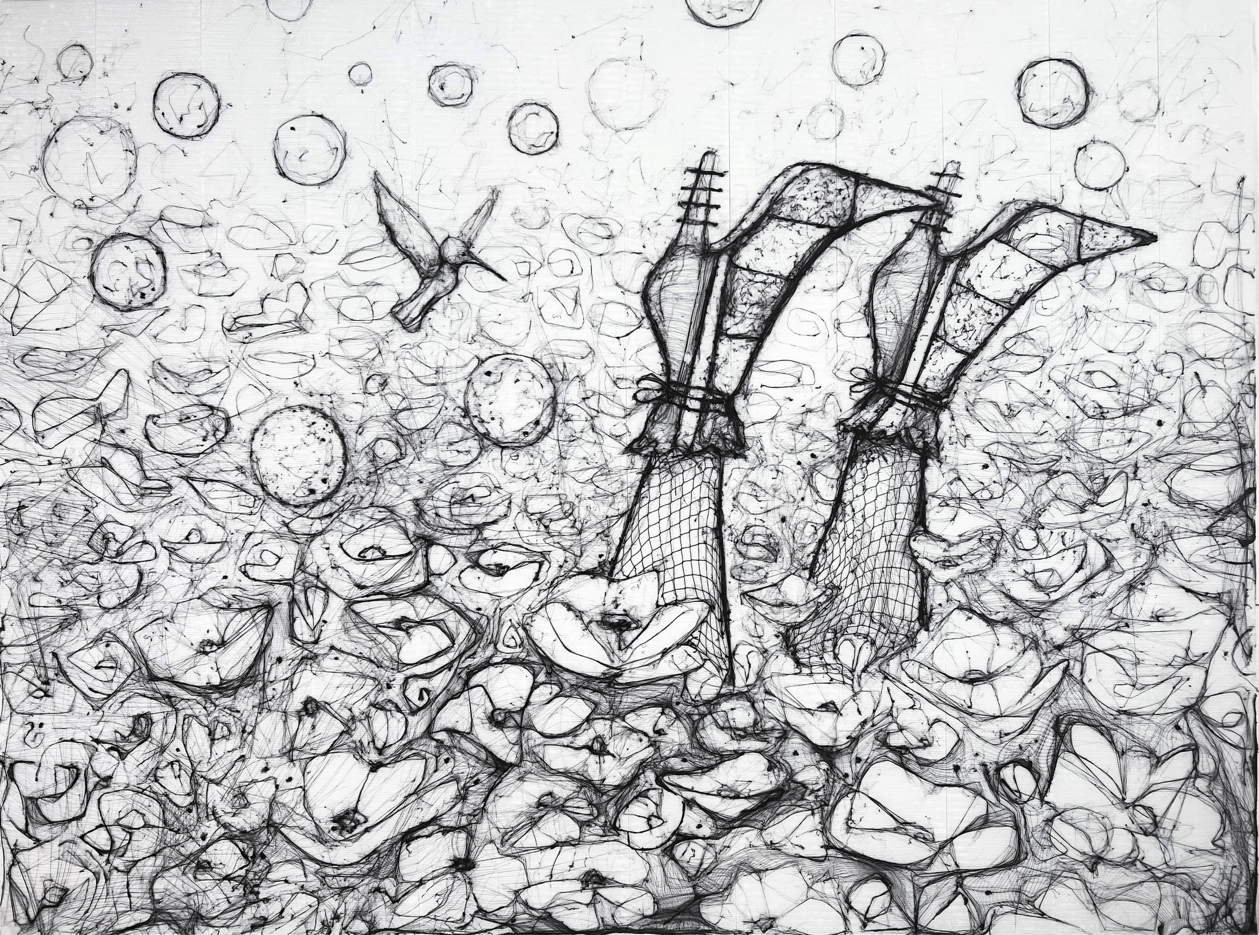 Sketch of a person's legs from the knees down, standing on a rocky surface with scattered stones and pebbles, wearing fishnet stockings and boots. There is a small wind turbine and a weather vane shaped like a bird in the background.