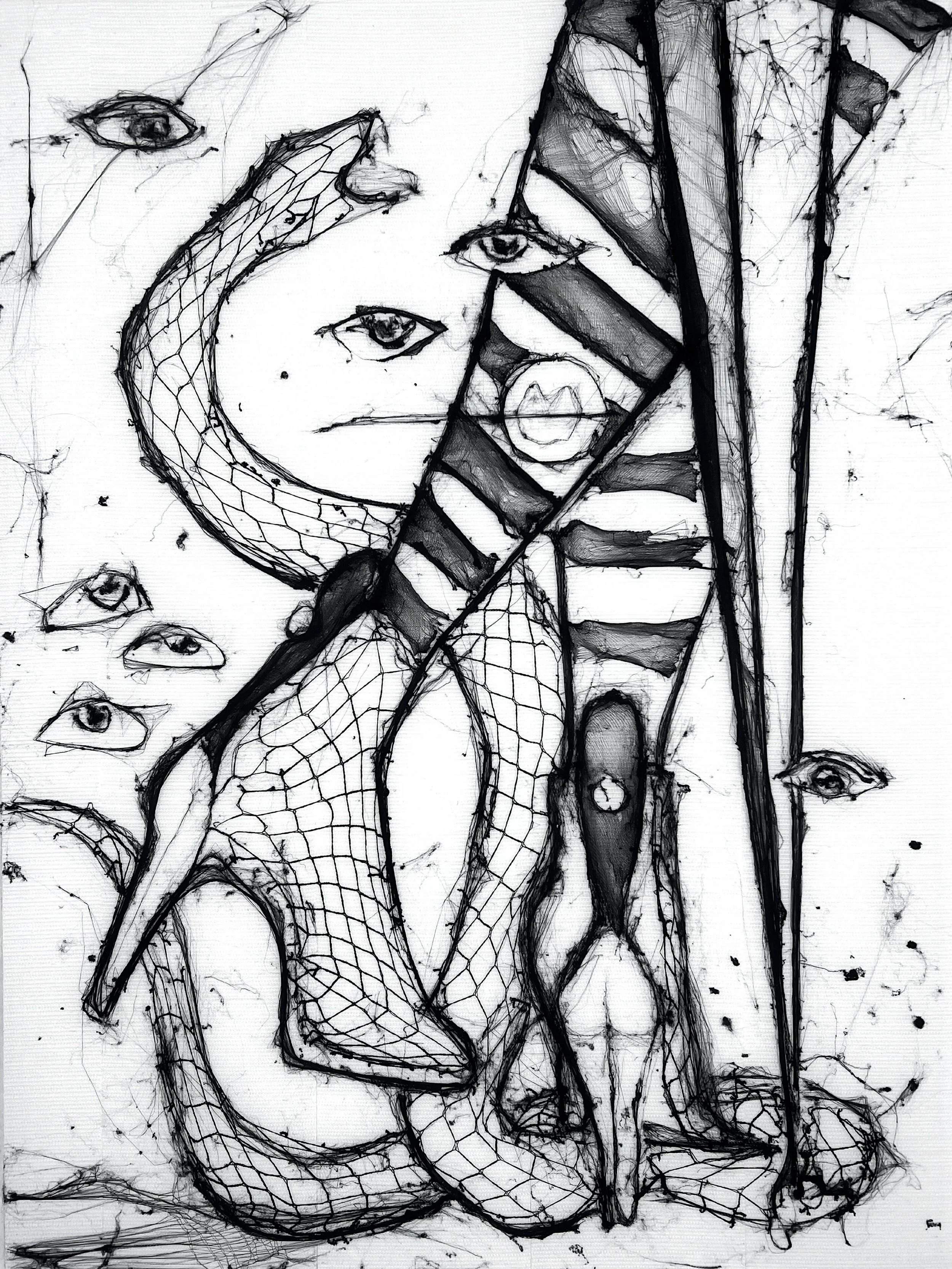 Black and white sketch of a woman's face with multiple eyes, a snake wrapped around her head, and other abstract features.