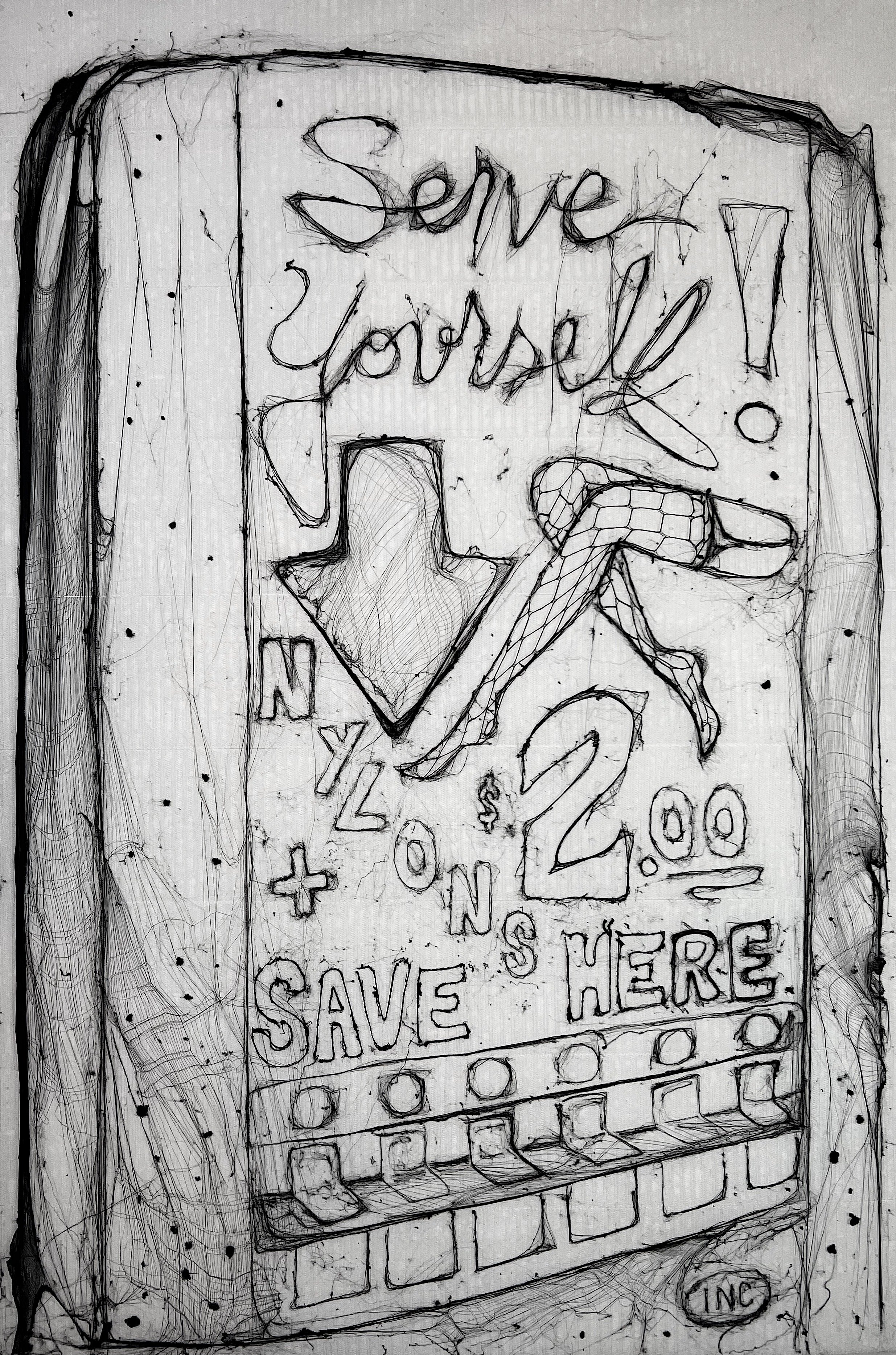 A hand-drawn sketch of a vending machine with the words "Save yourself!" at the top. The vending machine displays a large arrow pointing downward, a cartoon-like character with a capsule-shaped body and limbs, and various words like "NYZ" and "$2.00.