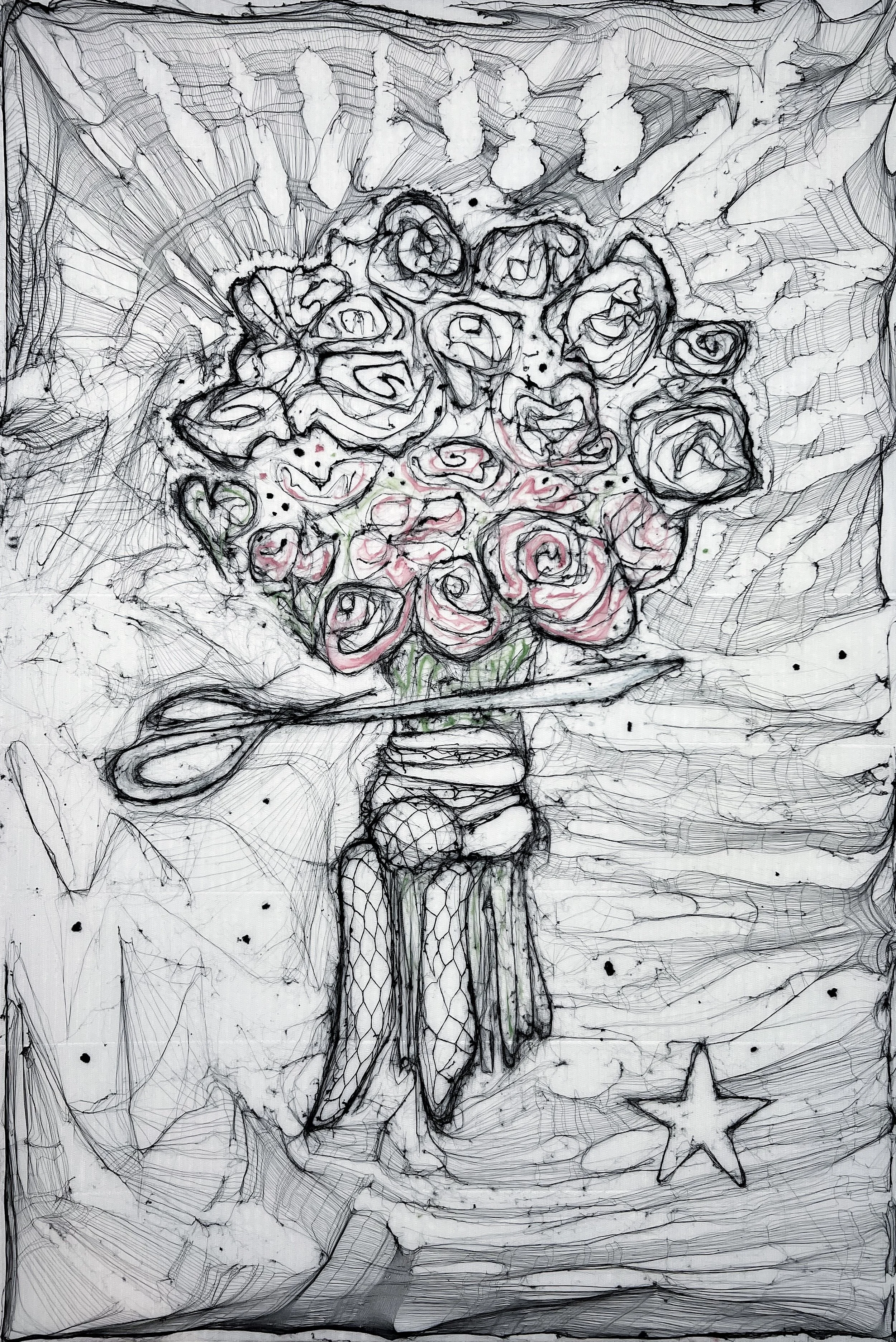 A sketch of a bouquet of roses in a vase, with star and abstract background details.