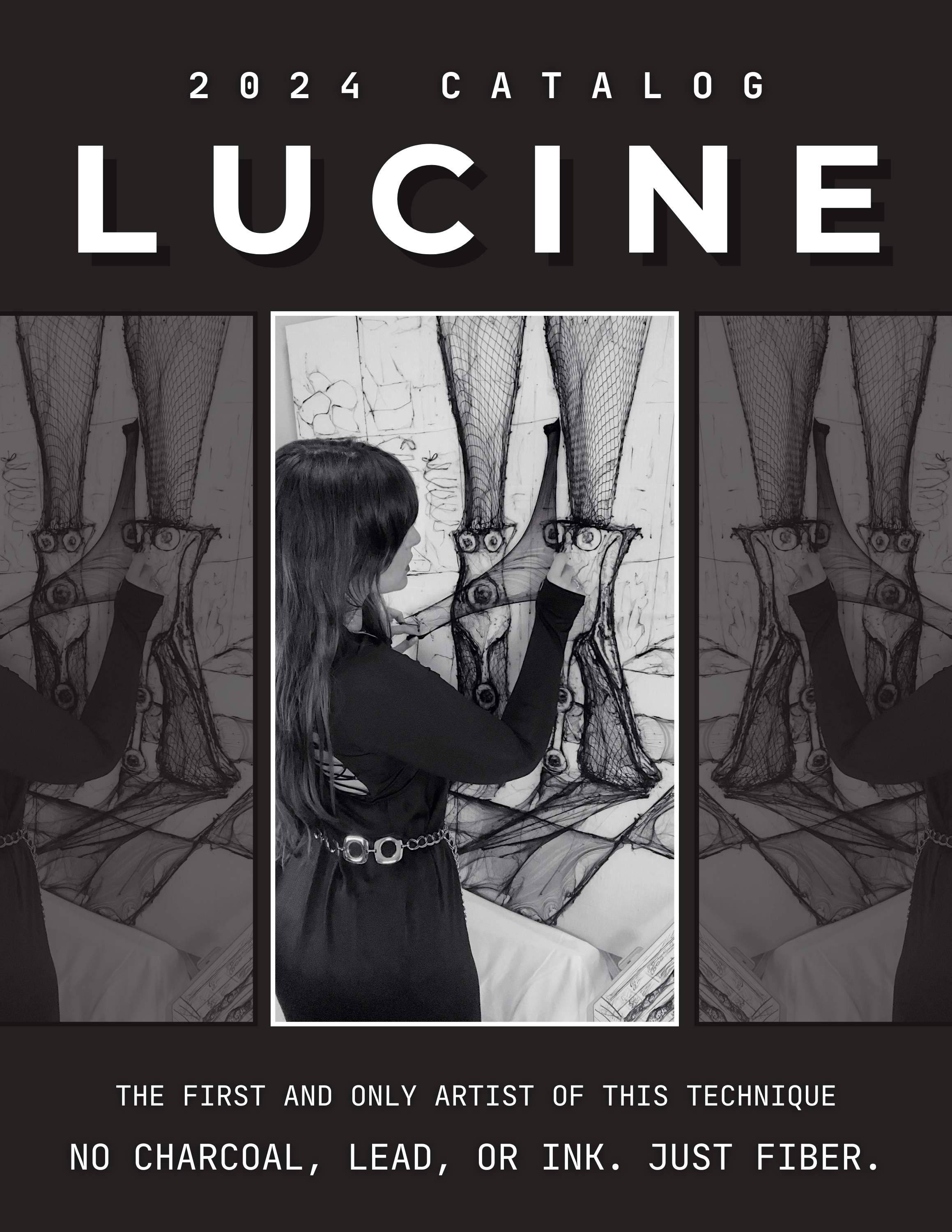 Black and white image of a woman creating art on a large canvas with a technique involving fiber, as described in the catalog cover, which announces no charcoal, lead, or ink used.