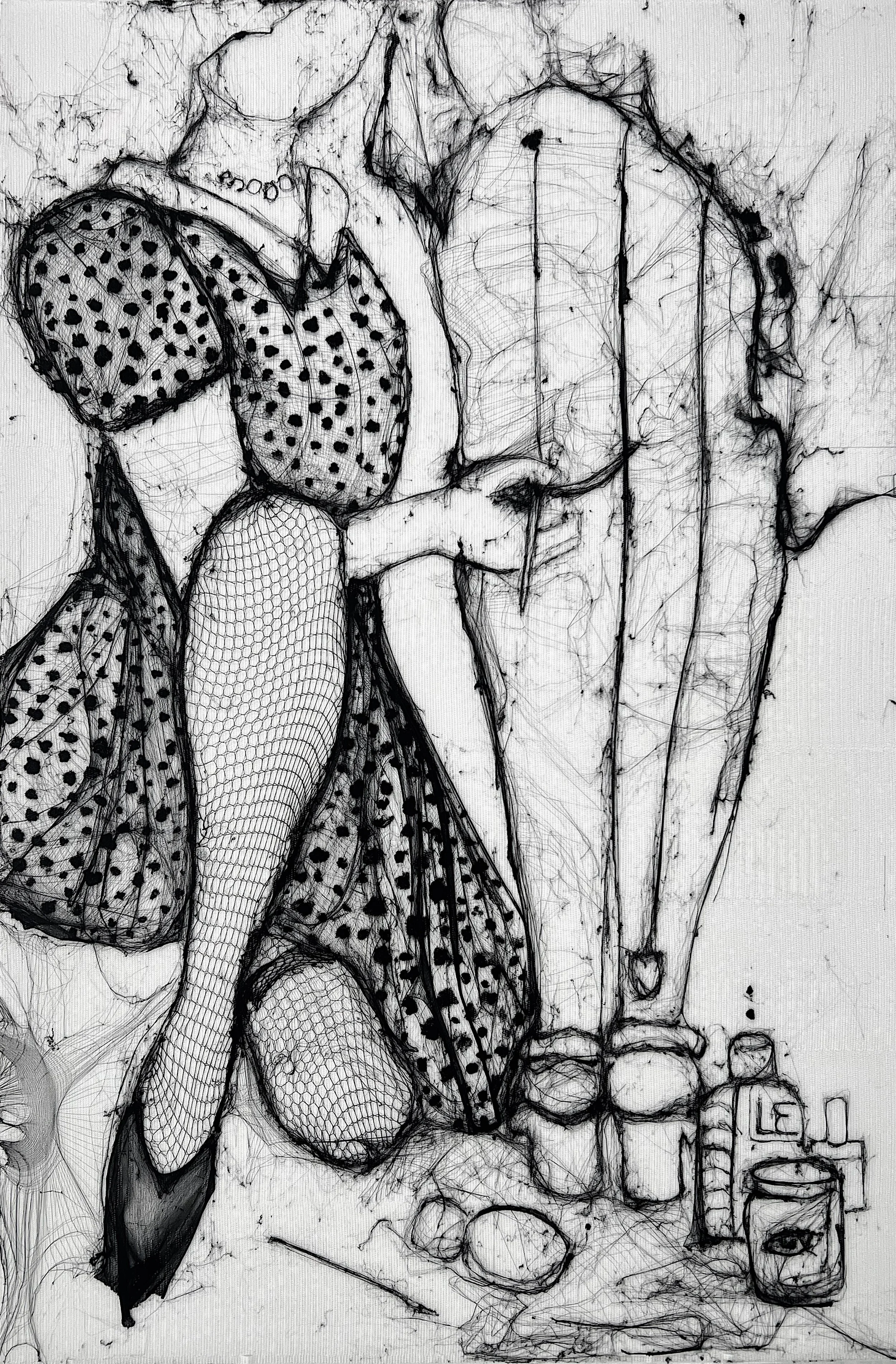 Black and white sketch of a still life scene with a variety of objects including a large glass pitcher, a jug, a bottle, a box labeled "LED," a mug, and several stones, with a patterned cloth and other items in the background.