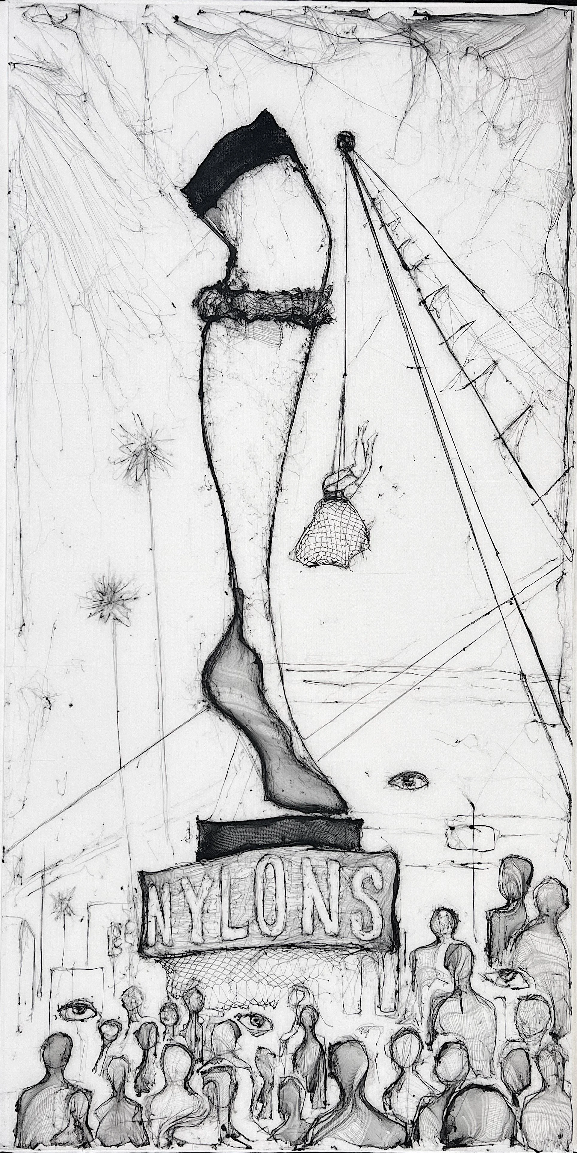 Sketched illustration of a crowd gathered in front of a statue of a woman on a pedestal labeled 'NY LONS'. The statue depicts a woman with a garter and stockings, holding a small fish net, with a ladder and a hanging object in the background.