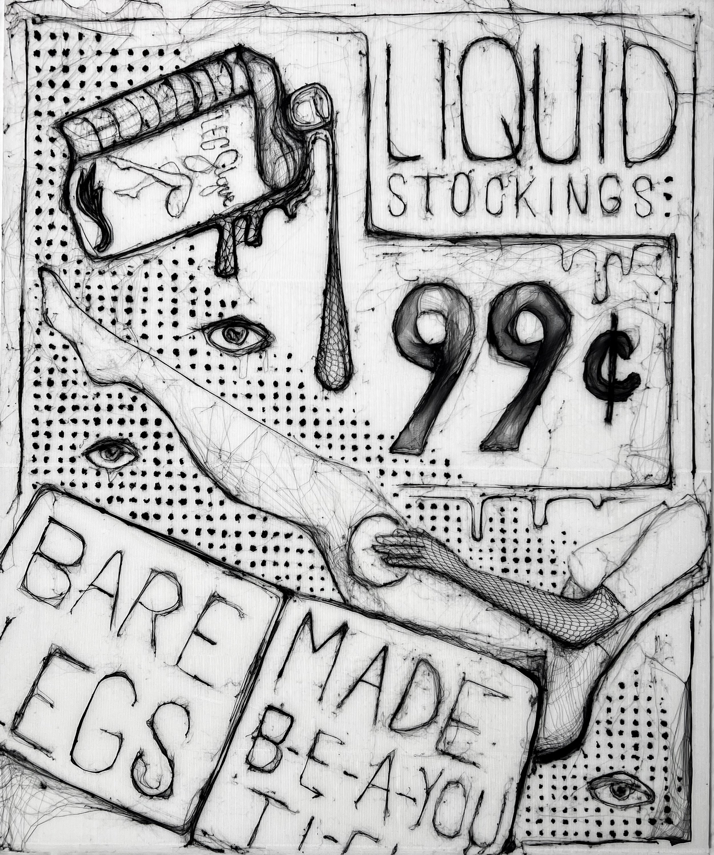 A black and white sketch of a store sign advertising liquid stock prices at $99, with a hand and eye illustrations, and signs stating 'Bargain Prices' and 'Made Be A-You'.