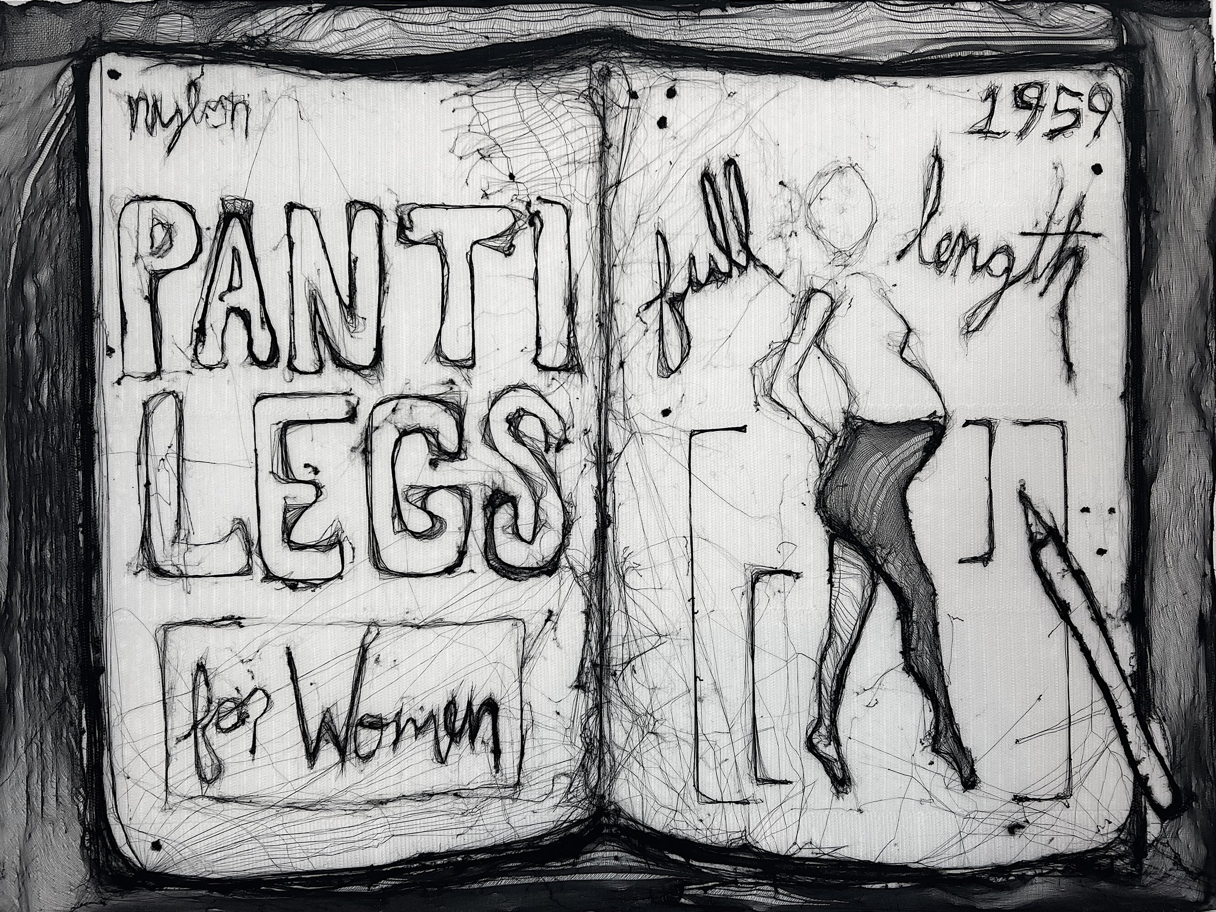 A sketch of an open book with the title "Painted Legs" and the subtitle "for Women" on the left page. The right page has the year "1959" at the top, a figure of a nude woman with one hand raised, and the words "long or tall" written around her.
