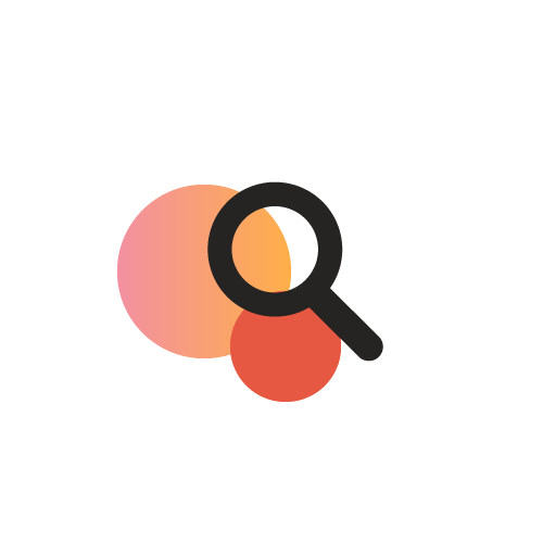 Illustration of a magnifying glass over three overlapping circles in peach, orange, and red colors.