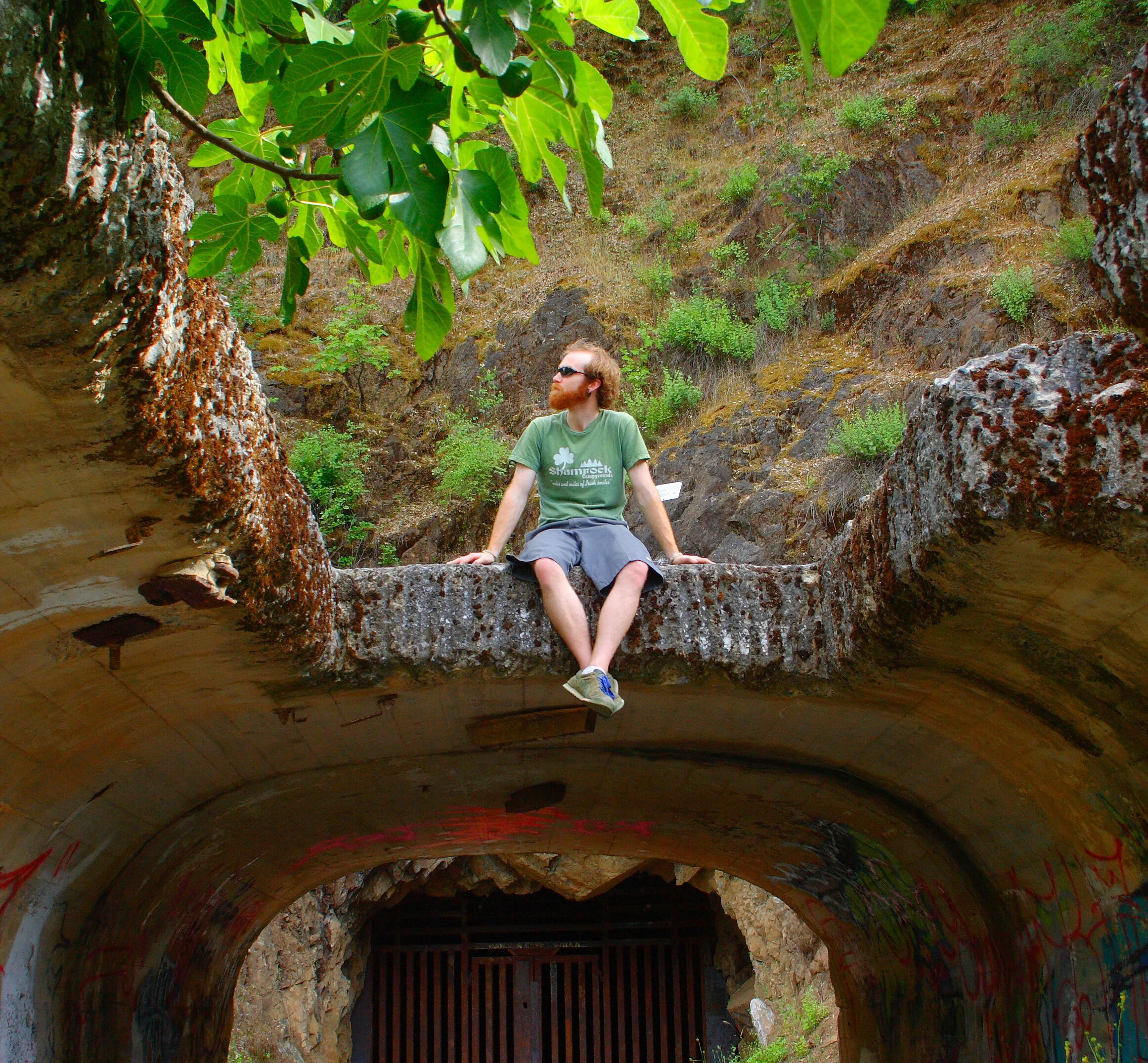 A person with a beard and sunglasses sitting on rocks in front of a tunnel entrance with graffiti on the walls. Overhanging green leaves partially obscure the upper part of the scene.