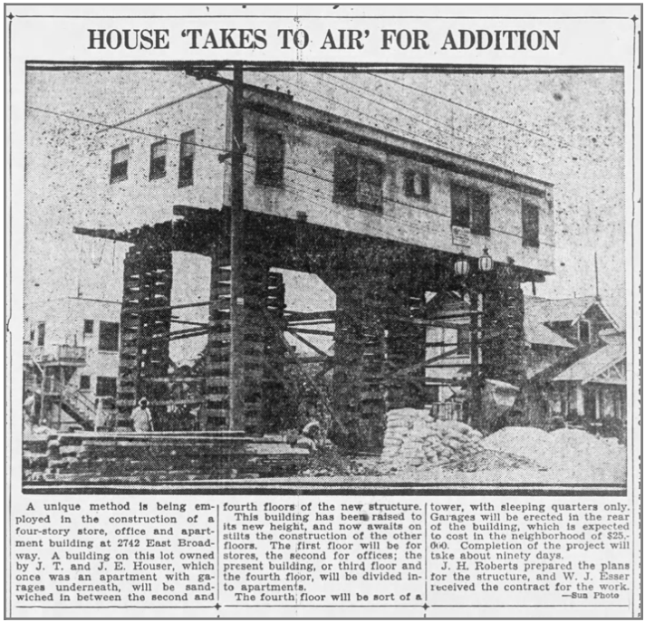 Roberts was a brilliant engineer, sandwiching a one-story apartment building at 2742 E. Broadway between the 2nd and 4th floors of a new building. Long Beach Sun, July 27, 1929