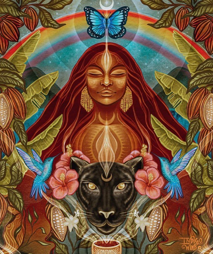 Presenting &ldquo;Ix Cacao&rdquo;, an art collaboration with the talented @indigo.degaia inspired by the cacao spirit, Lake Atitlan, the rainbow bridge and the spirit protectors of this medicine 🌈🐆🦋

Please share this art with respect and tag @kok