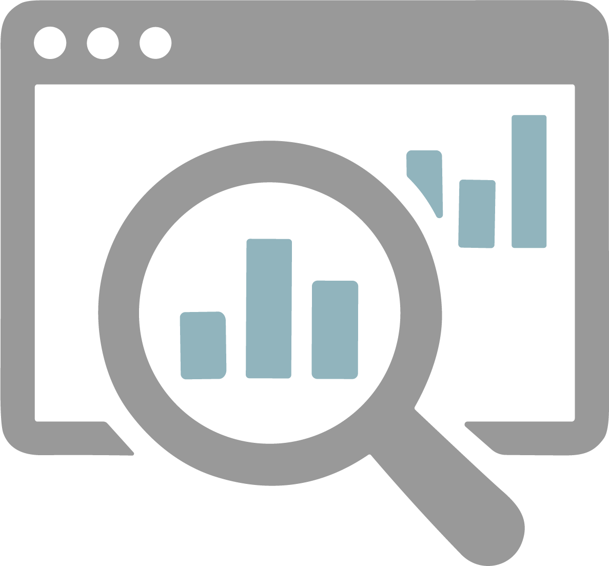 Icon of a computer screen with a magnifying glass looking at data