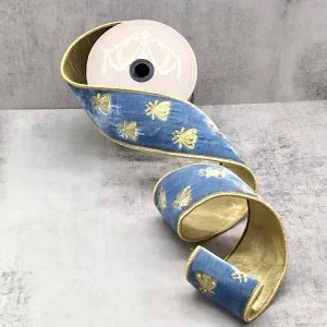 Dusty Blue Velvet Ribbon with Gold Bee Embroidery