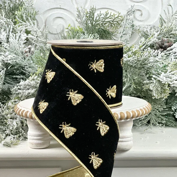 Elegant Black Velvet Ribbon with Gold Bee Embroidery