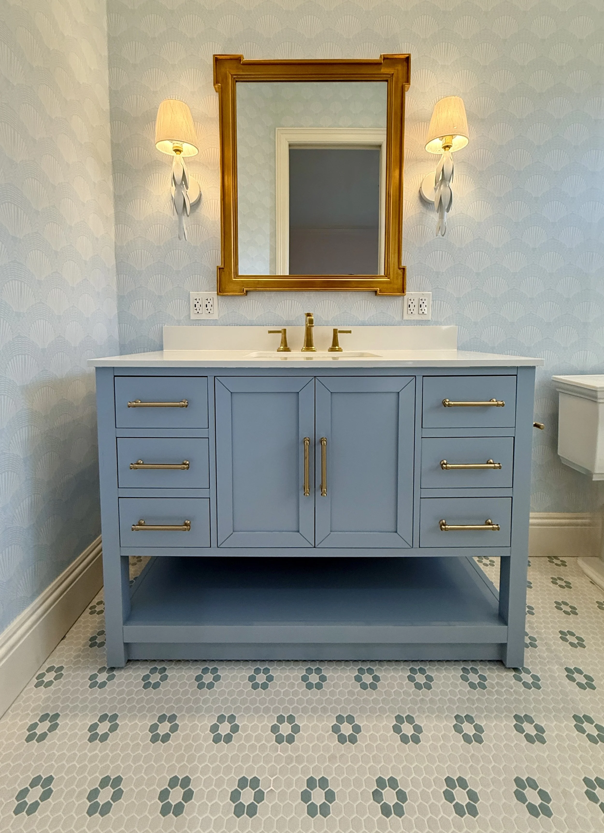 blue and white bathroom, blue bath vanity, coastal bathroom design