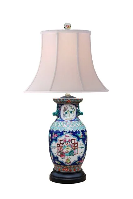 Chinoiserie Hand-Painted Porcelain Lamp 27"h
