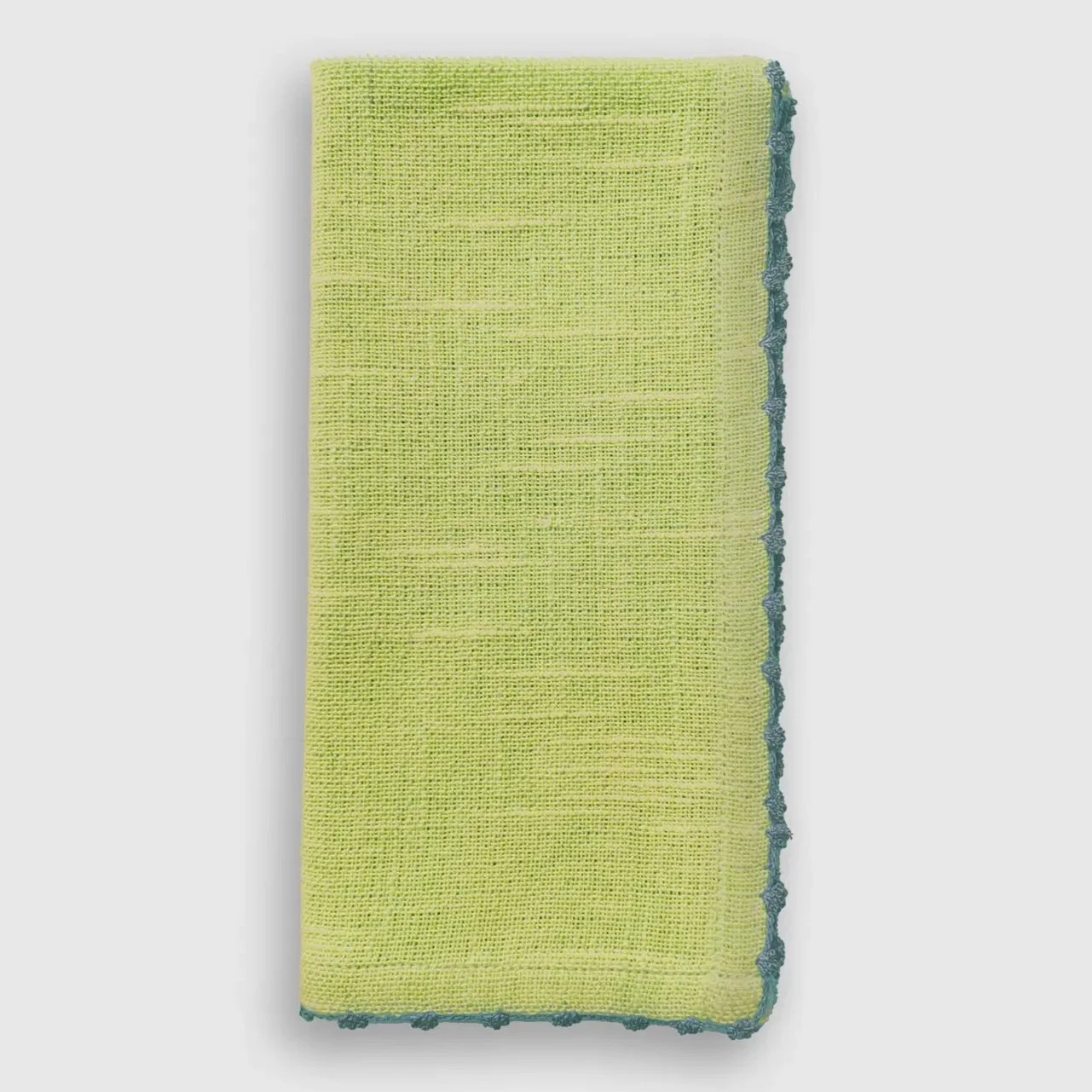 Knotted Edge Chartreuse Cotton Napkin Blue Trim Set of 4