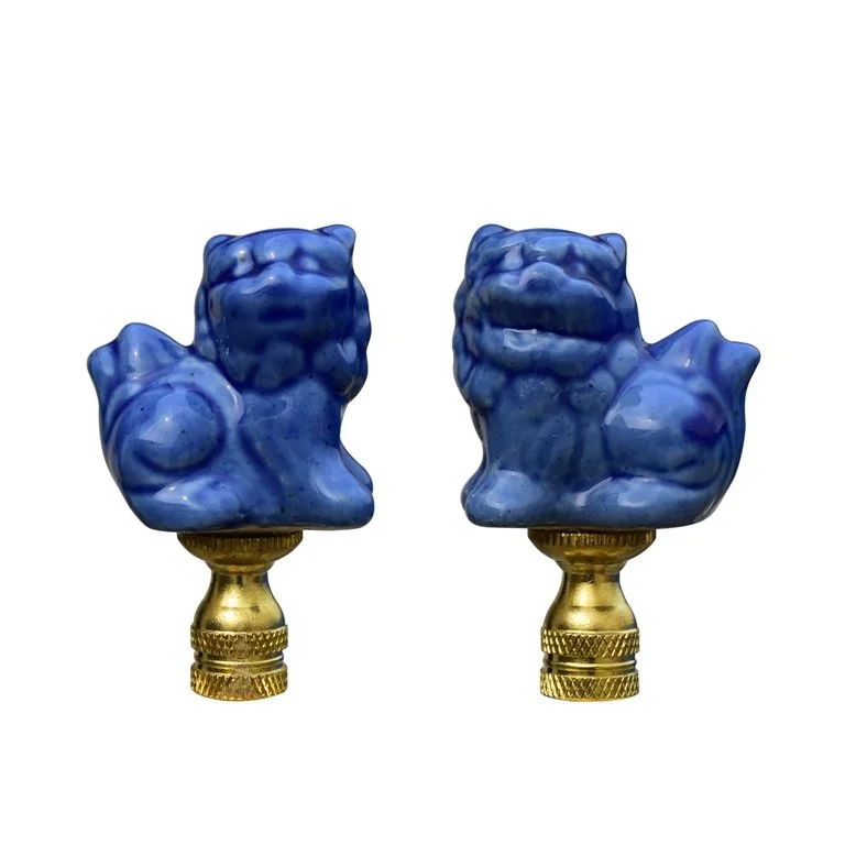 Blue Foo Dog Lamp Finials, pair