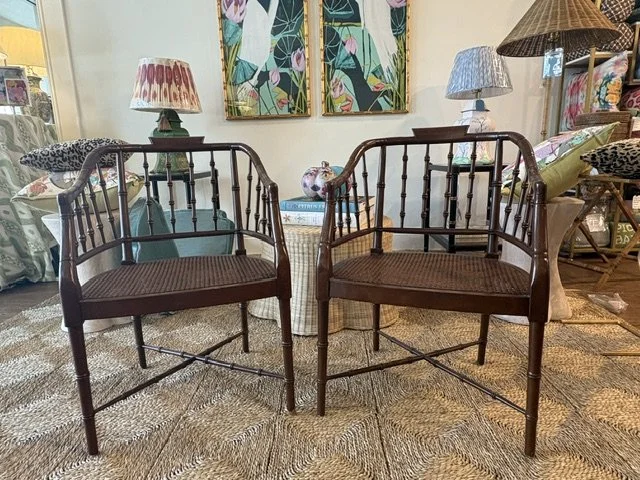 Hollywood Regency Faux Bamboo Barrel Armchairs, pair