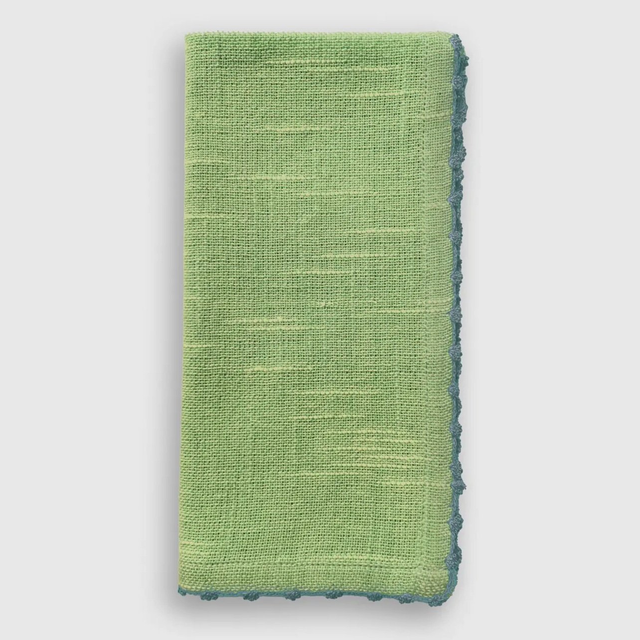 Knotted Edge Green Cotton Napkin Blue Trim Set of