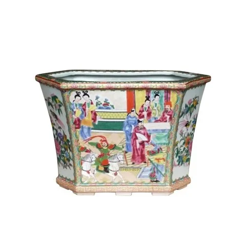 Rose Medallion Porcelain Hexagonal Cachepot