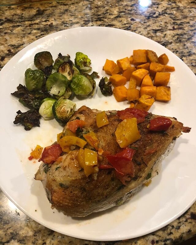 Wednesday night roast #chicken topped with peppers.  baked yams and brussel sprouts round it out. Grab a fork!